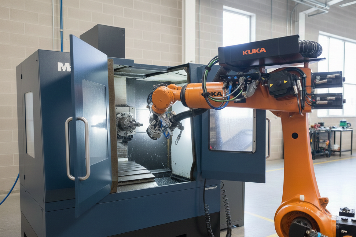 Endüstriyel bir robot kolu, CNC tezgahında çalışırken. Robot, Metal parçayı tutup işlemek için kullanılıyor.