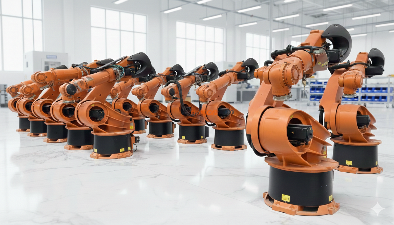 Endüstriyel bir ortamda dizili halde bulunan birkaç tane robot kolu.