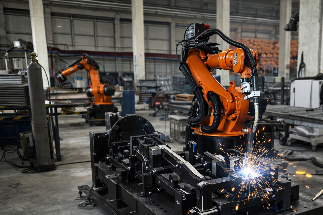 İmalat tesisinde robot kaynak yapıyor, parlak kaynak kıvılcımları ve endüstriyel ekipmanlar.