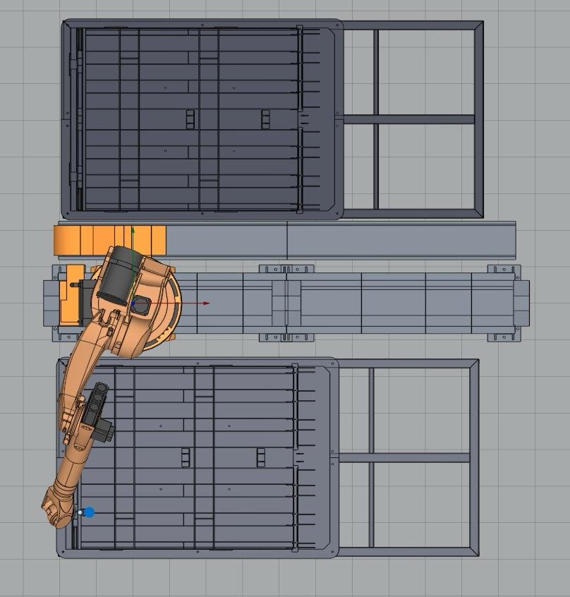 Üç büyük depo kutusu ve bir robot kolu içeren endüstriyel otomasyon sisteminin teknik çizimi.