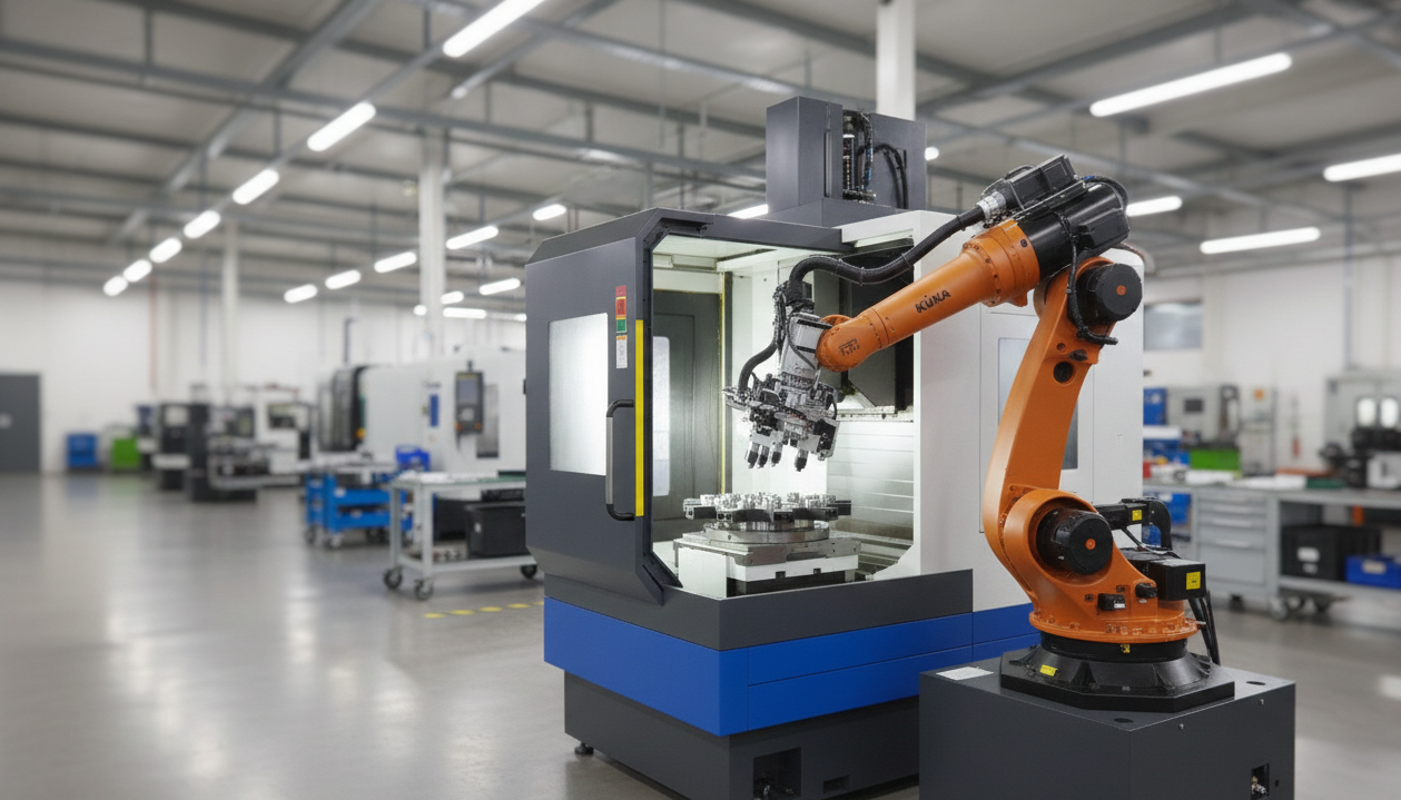 Endüstriyel robot kolu, CNC makinesinde çalışıyor, fabrika ortamında.