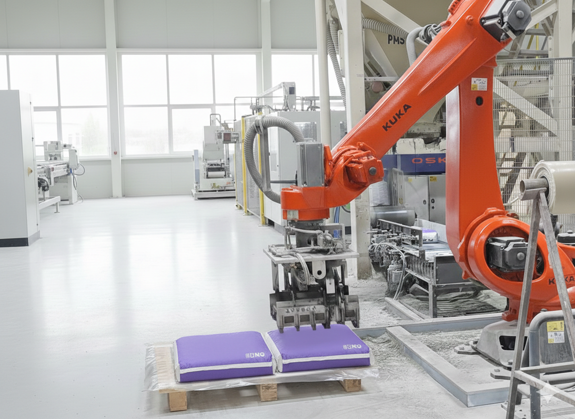 Endüstriyel robot kolu, otomasyon sistemiyle kontrol edilen fabrika ortamında çalışıyor. Robot, mor ve beyaz renkli yastıkların üzerine yerleştirilmiş, ahşap paletin üzerinde bulunuyor.