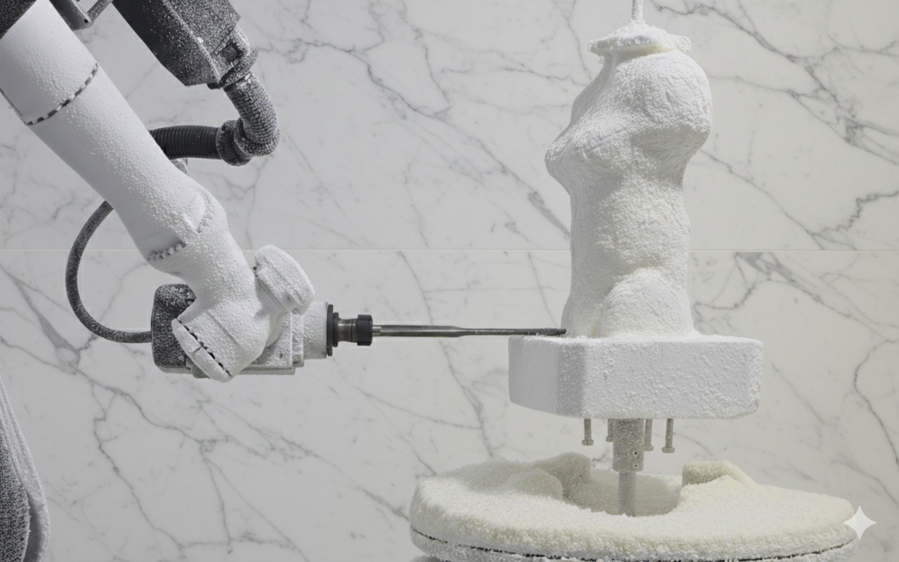 Bir robot, beyaz toz veya malzeme kullanarak heykel yapıyor.
