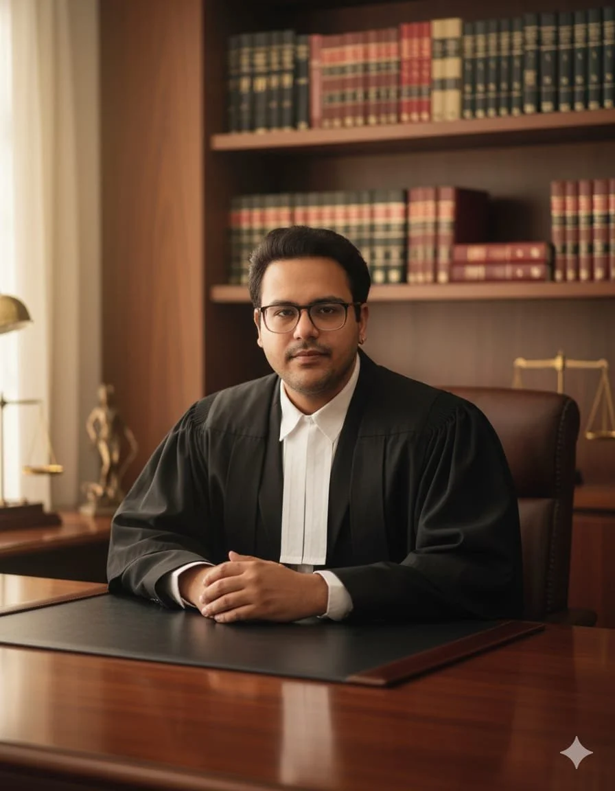 A young man dressed as a judge, sitting at a wooden desk with hands clasped, in a law office or library with bookshelves filled with law books in the background.