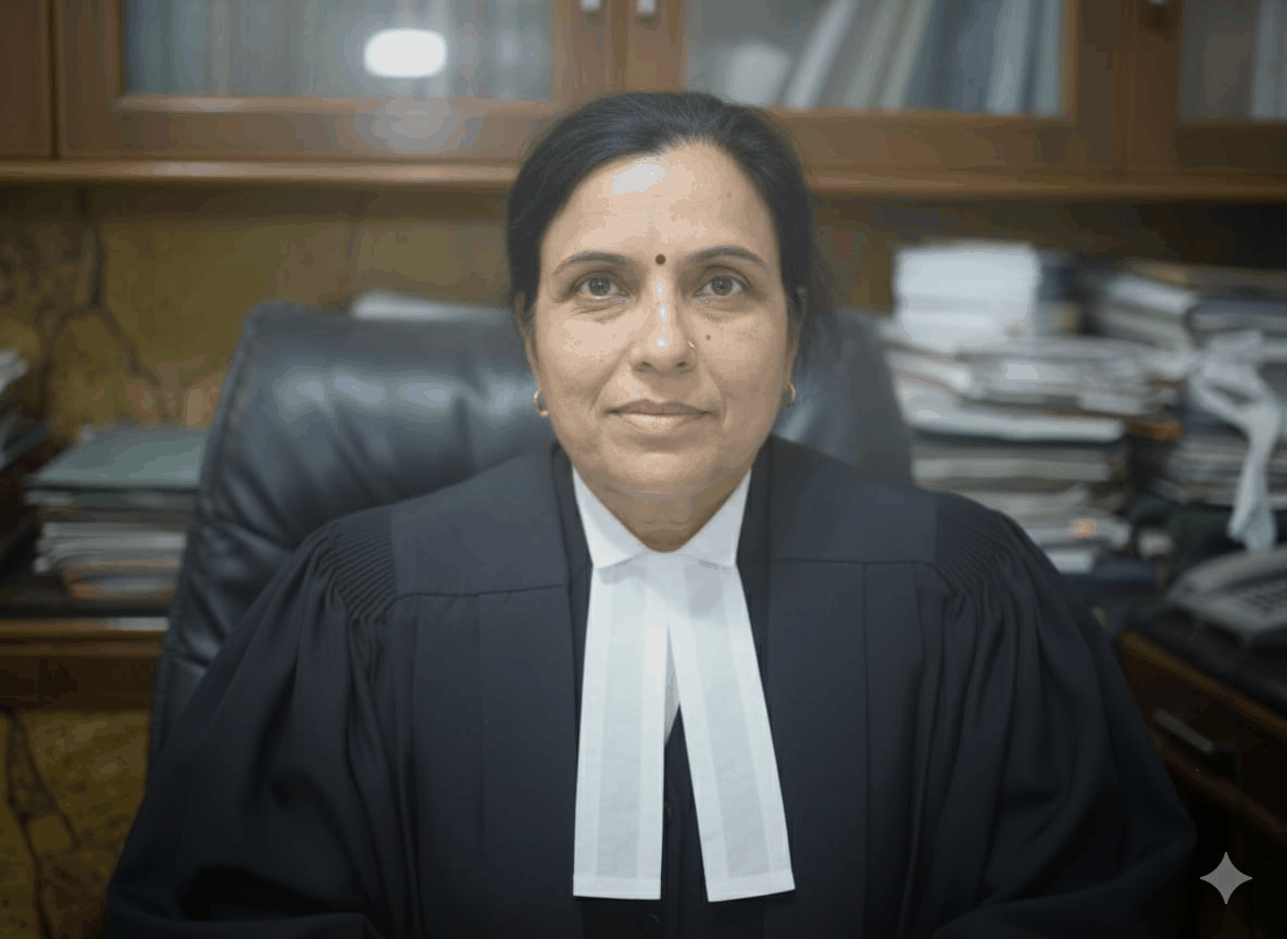 Backlit portrait of a female judge in black robe with white collar, sitting at her desk in a judicial office.