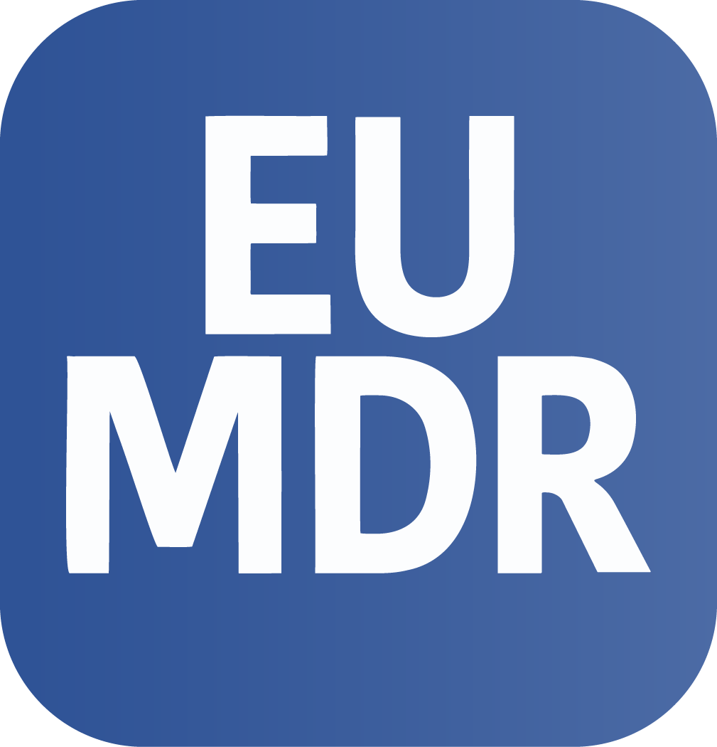 Blue square icon with rounded corners featuring the text "EU MDR" in white, uppercase letters.