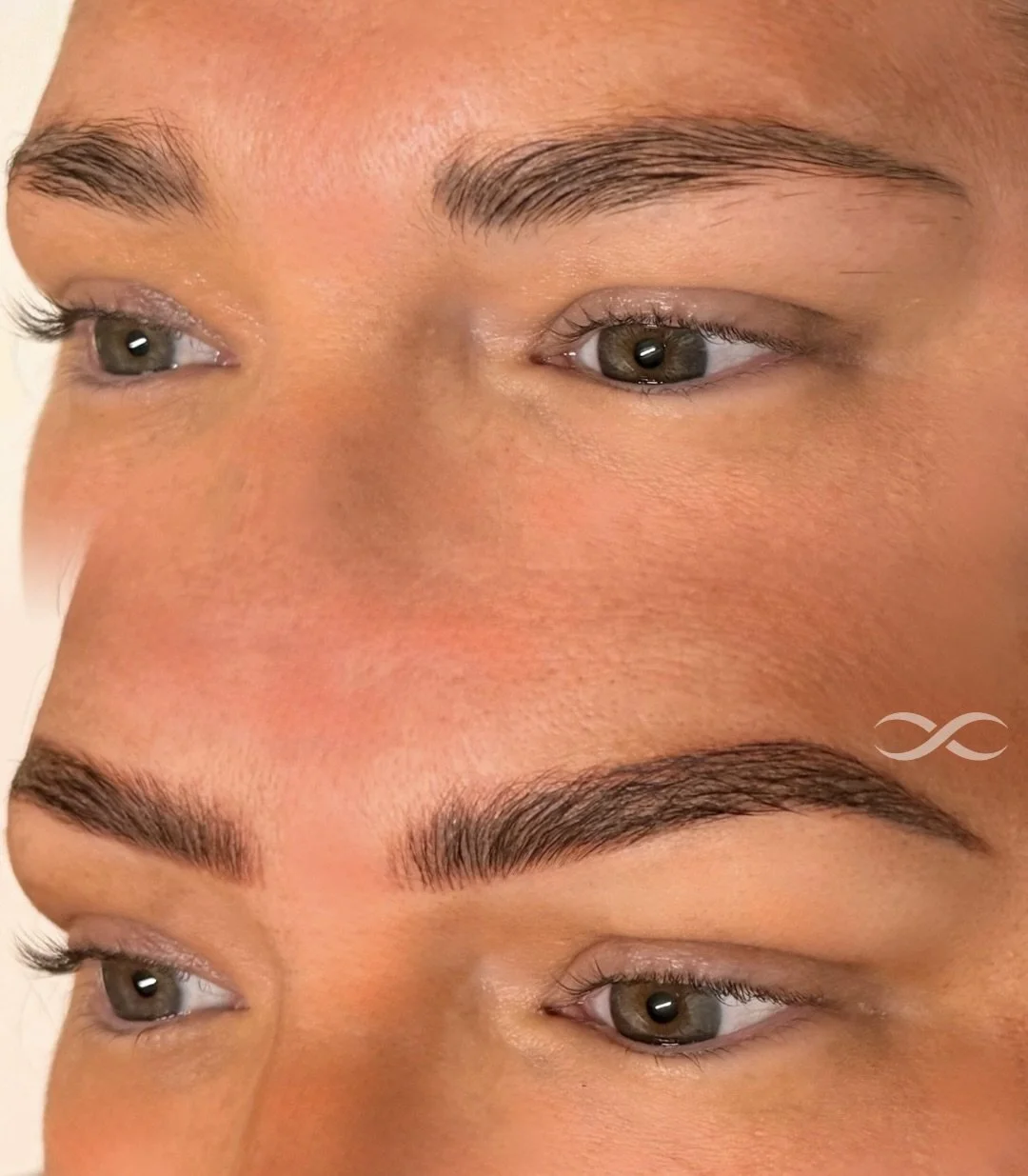 Close-up of a person's face showcasing the before and after results of eyebrow makeup application. Top image shows natural, sparse eyebrows, while the bottom image displays well-defined, filled-in eyebrows.