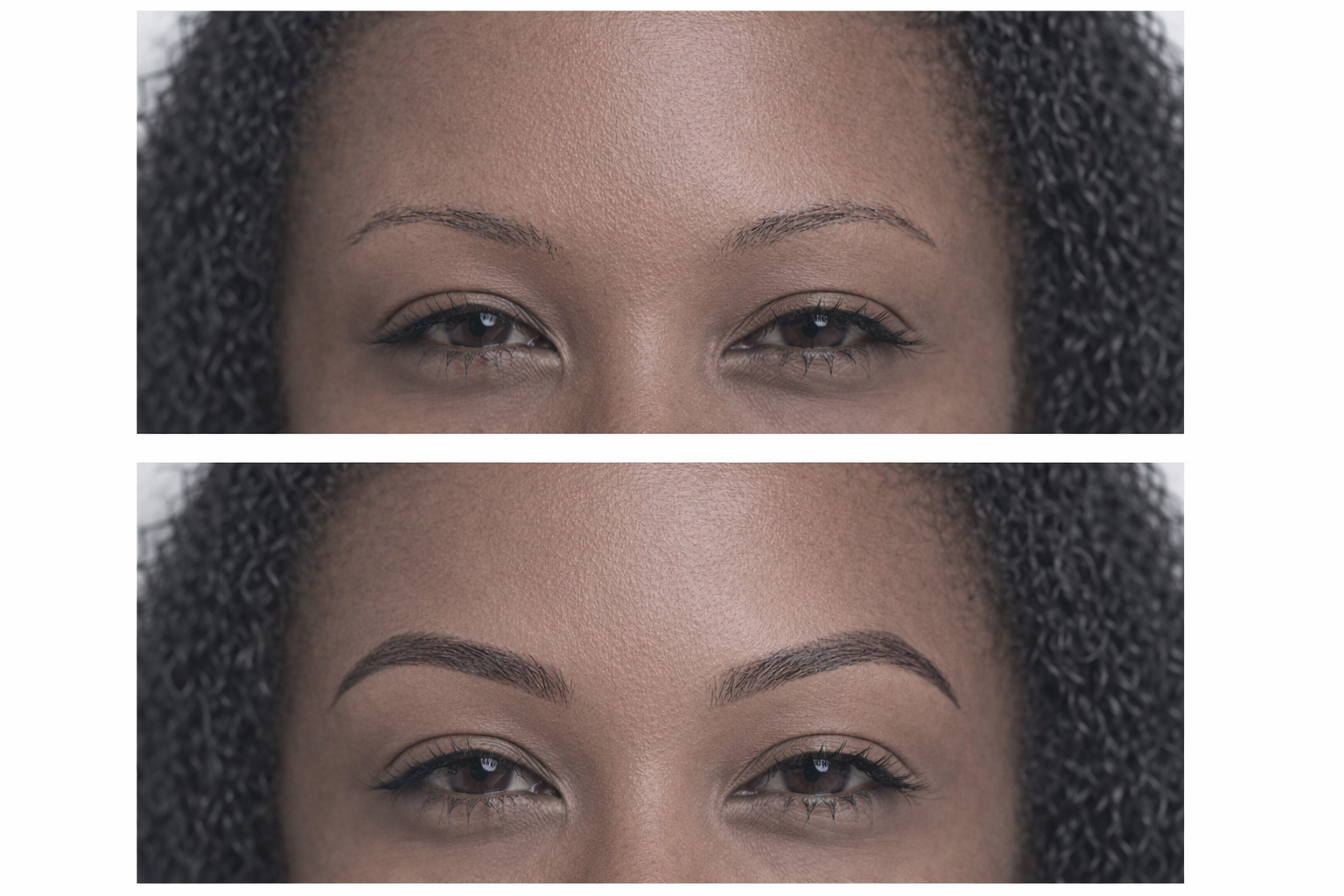 Close-up of a woman's eyes and eyebrows before and after eyebrow shaping or grooming.