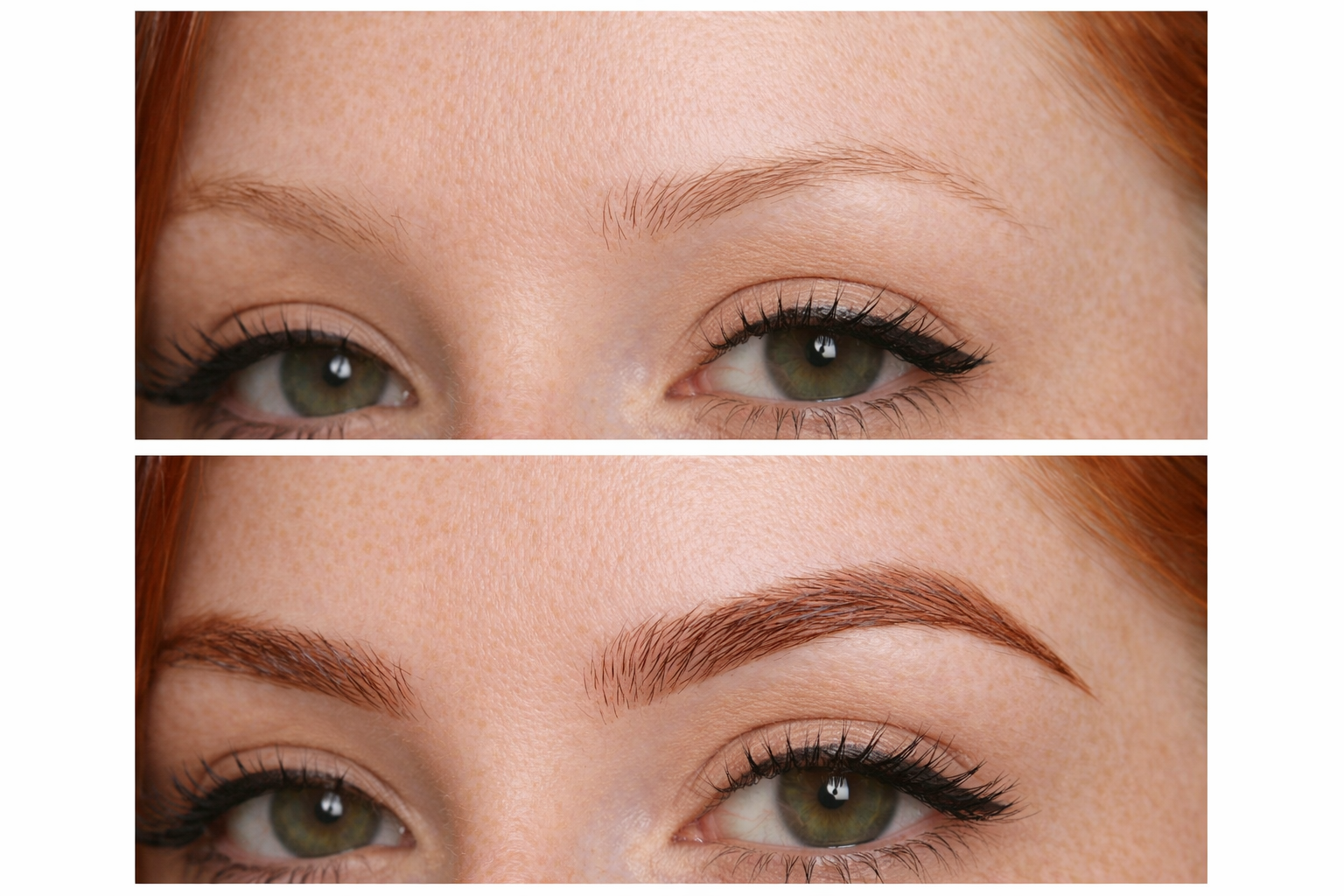 Close-up of a woman's eyes and eyebrows, showing the difference before and after eyebrow shaping or makeup application.
