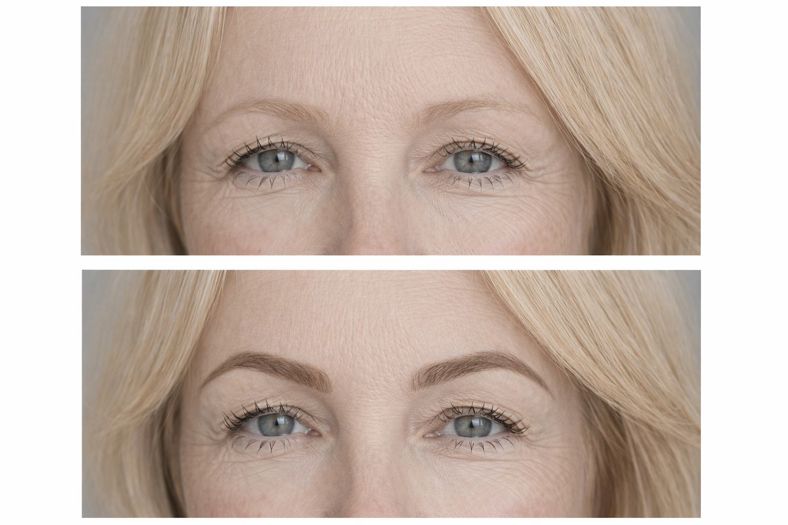 Comparison of a woman's face before and after eyebrow enhancement, showing the makeup application process.