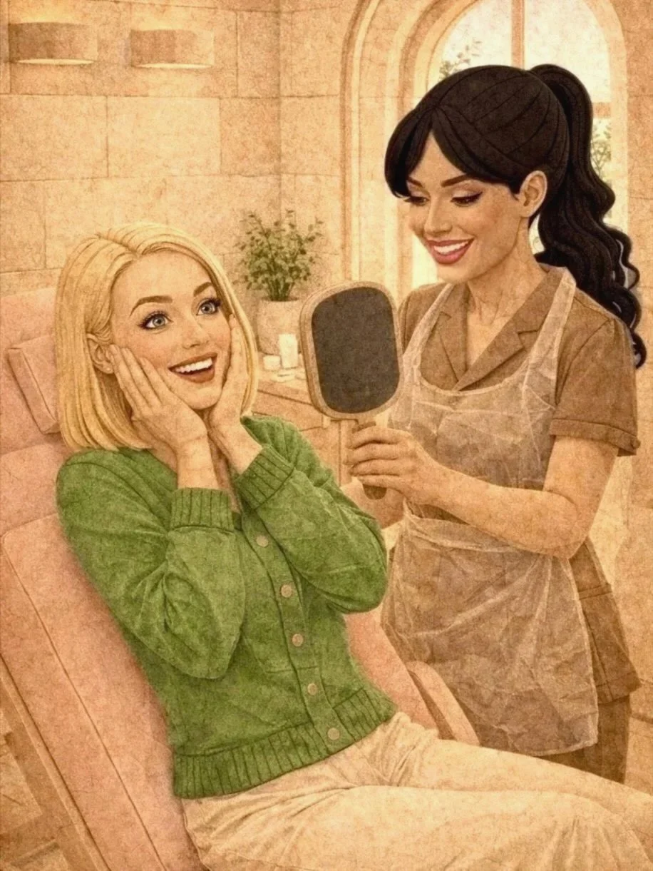 A woman with blonde hair and a green cardigan sitting in a chair with a surprised and happy expression, looking at another woman holding a mirror. The second woman has dark hair in a ponytail, wearing a brown shirt and apron, smiling.