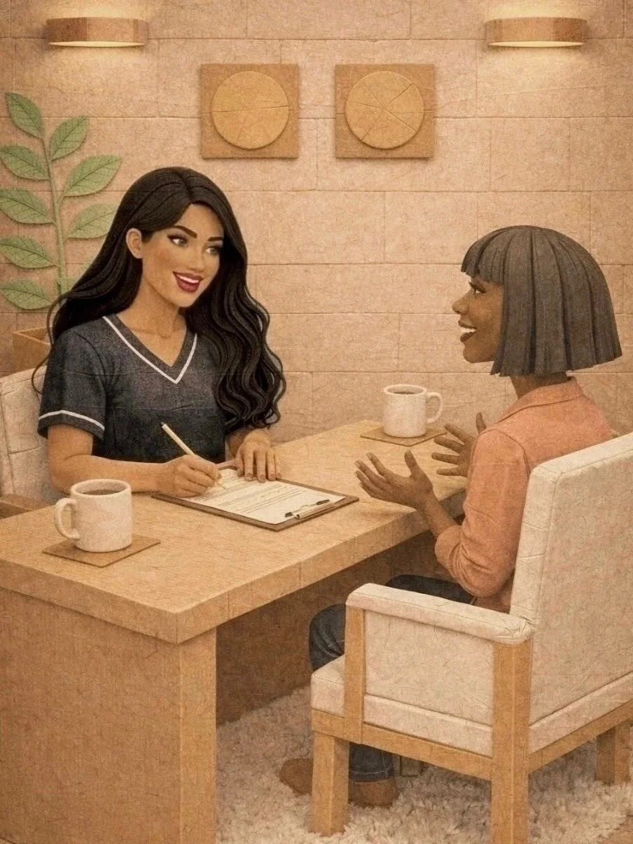 Two women having a conversation at a wooden table, with one taking notes on a clipboard. There are two coffee mugs on the table, one in front of each. The background features a beige brick wall with wall art and a potted plant.