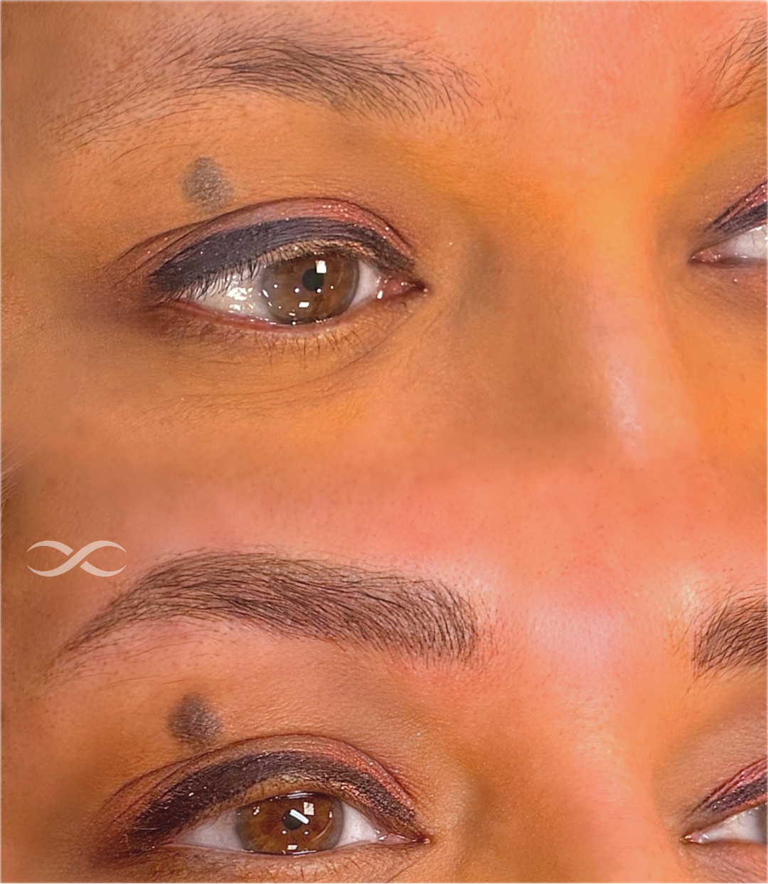 Close-up of a person's eyes, showing an eyebrow transformation; the top eye has natural, sparse eyebrows and the bottom eye has well-groomed, filled-in eyebrows.