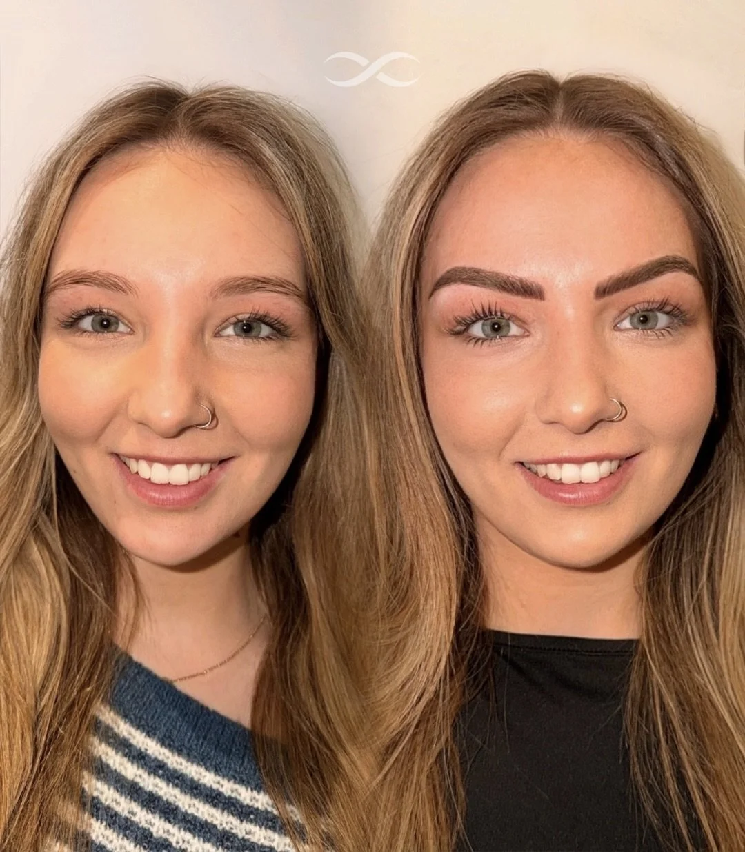 Side-by-side comparison photo of a woman before and after makeup and eyebrow enhancements, showcasing a transformation in appearance.