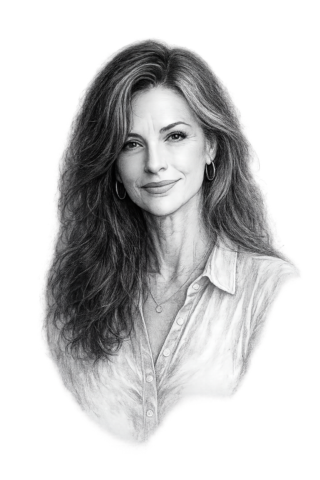 Black and white portrait of a middle-aged woman with long wavy hair, wearing a collared shirt, hoop earrings, and a delicate necklace, smiling subtly against a dark background.