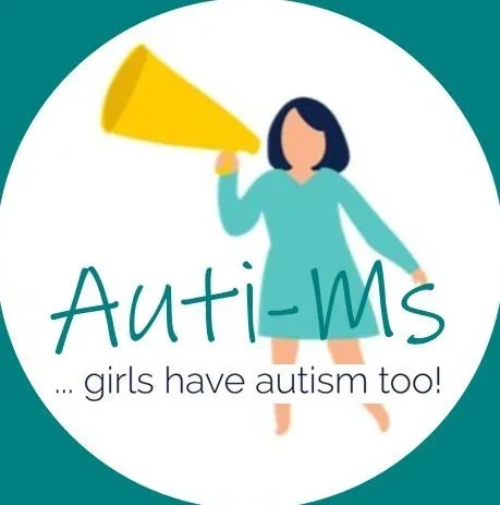 Illustration of a girl holding a yellow megaphone with the text 'Auti-MS ... girls have autism too!' in a circular design.