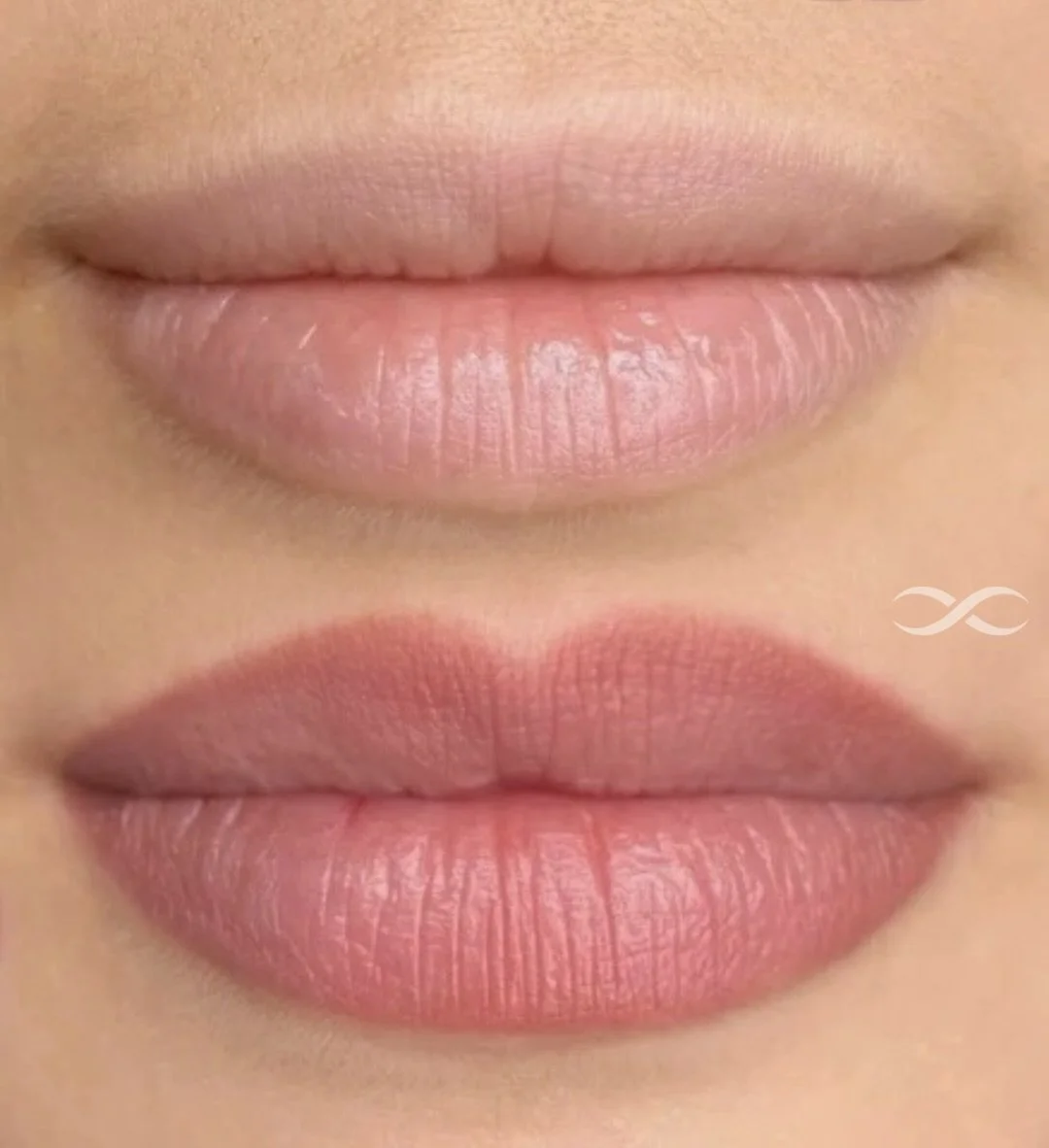 Close-up of a person's lips, shown in two different styles: top with natural, moisture-rich lips; bottom with lips adorned with soft pink lipstick.