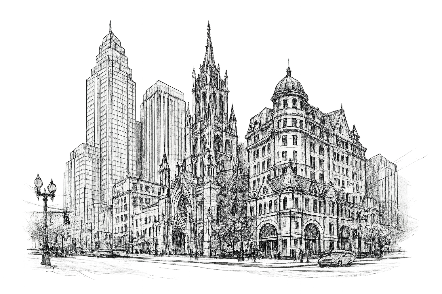 Sketch of a cityscape featuring a Gothic-style cathedral in the foreground surrounded by modern skyscrapers. There are cars and people on the streets.