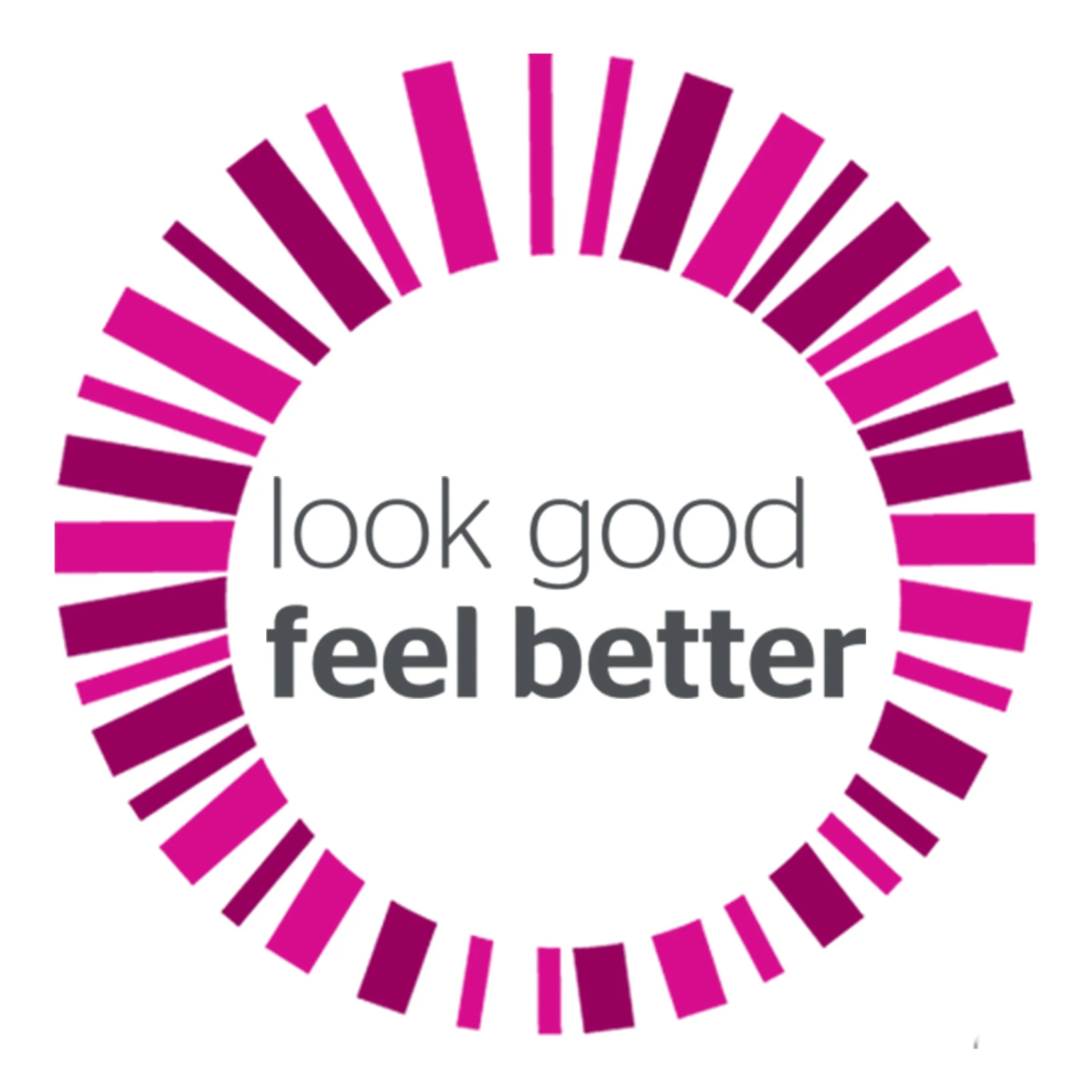 Circular logo with pink and purple bars around the edge. Inside, the text reads: "look good, feel better," with "feel better" in bold.