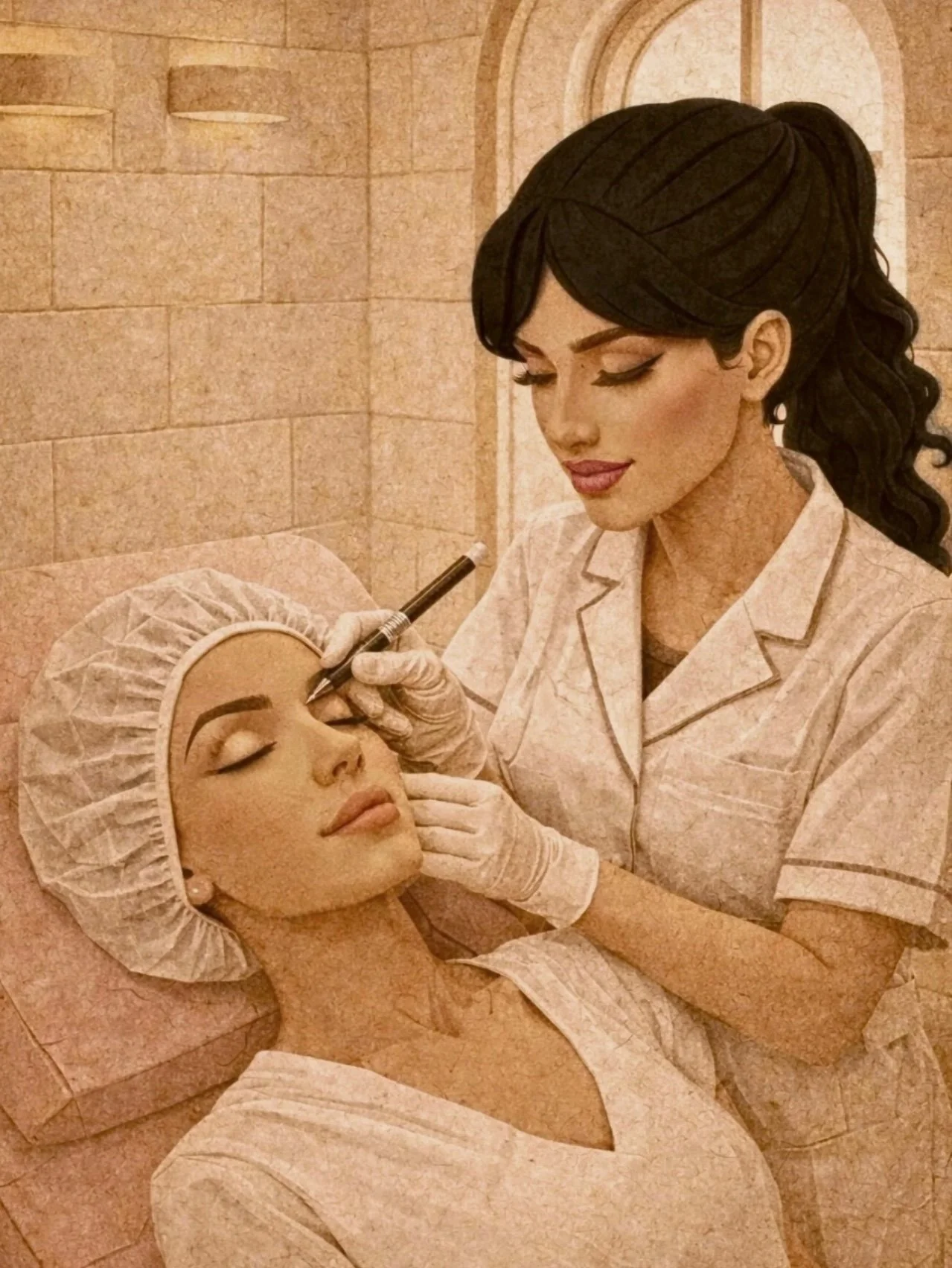 A woman lying down with her eyes closed receives a cosmetic procedure from a professional in a clinical setting.
