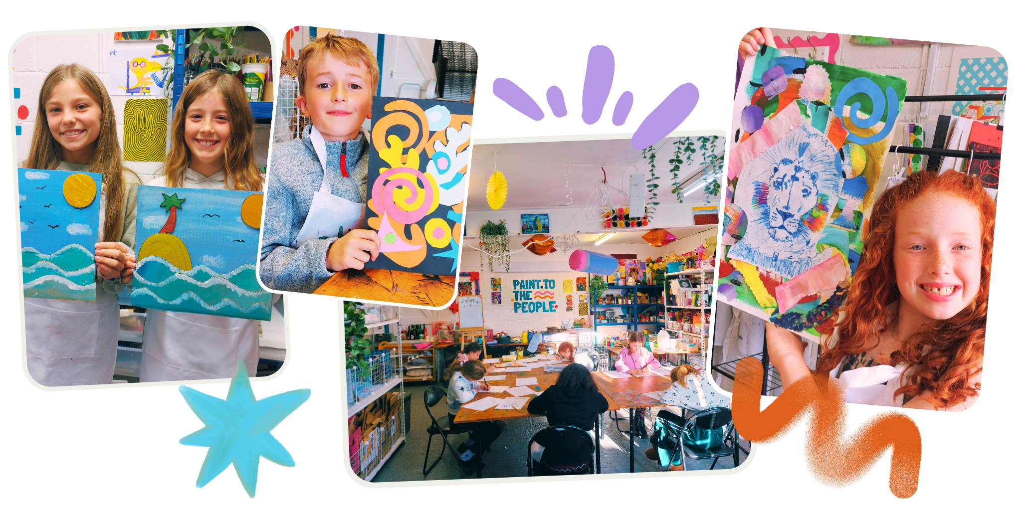 Children holding colorful artwork in an art classroom with a craft table and art supplies.