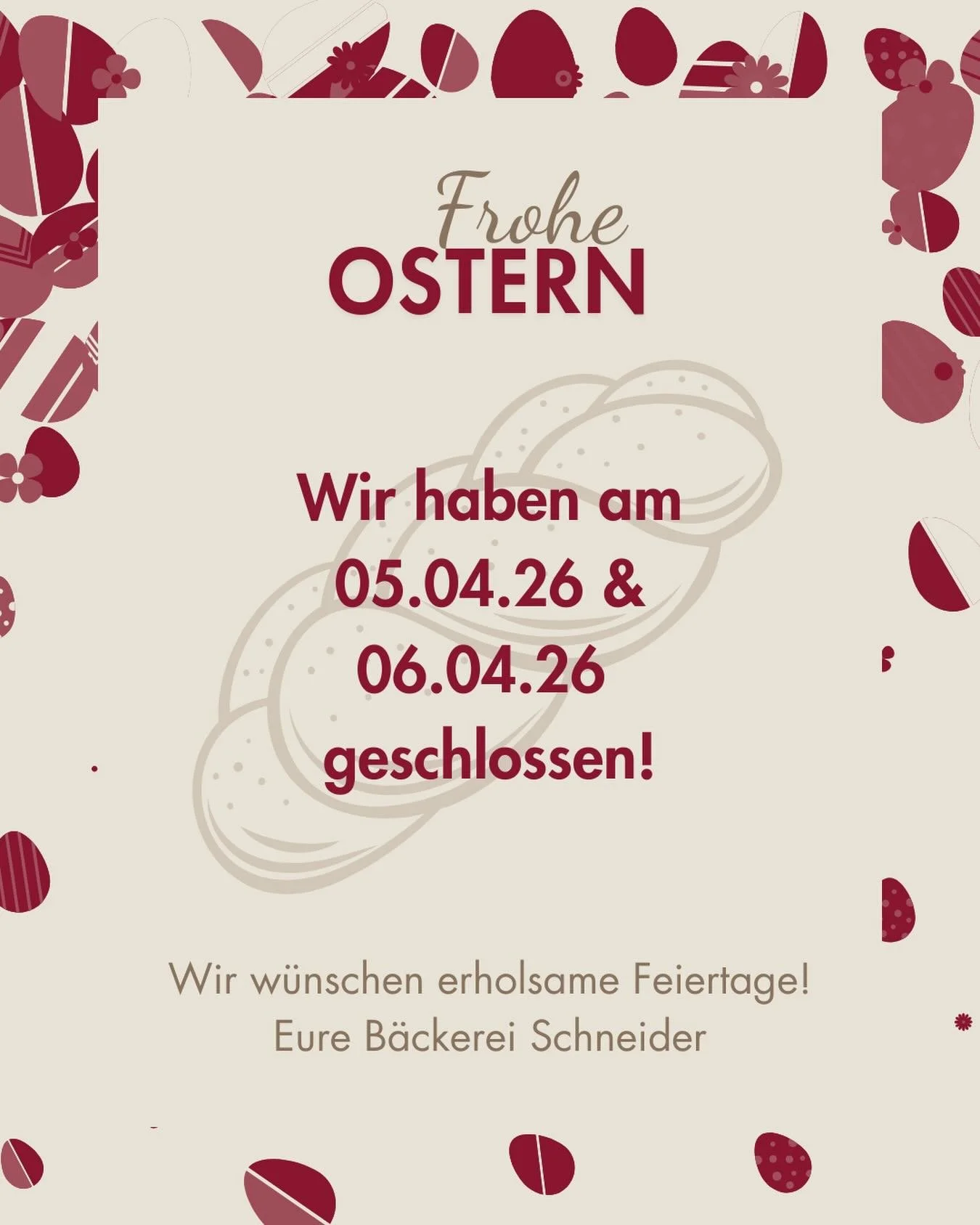 Wir g&ouml;nnen uns eine kurze Pause 🐣
Ab dem 07.04. sind wir wieder mit vollem Einsatz f&uuml;r euch da!

Bis dahin w&uuml;nschen wir euch ein erholsames Osterwochenende,

sch&ouml;ne Feiertage und ganz v&uuml;&acute; Zeit zum Genie&szlig;en 🌷✨
Fr