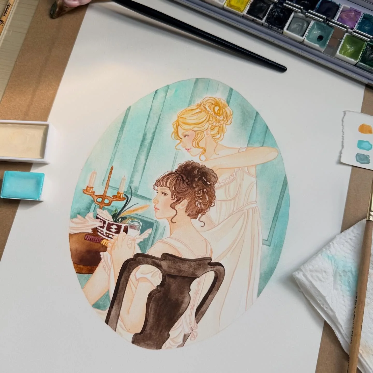2005 is a very beautiful adaptation and every frame deserves being painted but this one I can&rsquo;t help but love. Jane and Lizzy are just perfect 🤍

#prideandprejudice #illustration #watercolor #traditionalartist