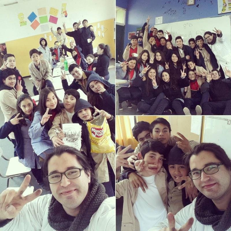 Photos of groups of students and a teacher in a classroom, posing and making peace signs.