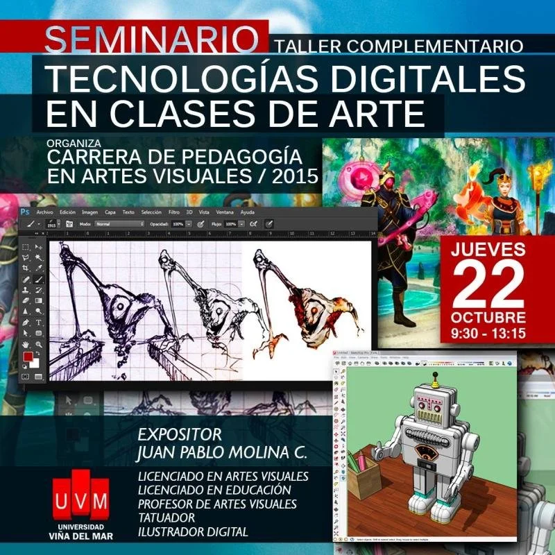 Poster for a seminar titled "Digital Technologies in Art Classes," organized by a visual arts pedagogy program in 2015. Features an art software interface with sketches of a giraffe, a colorful fantasy scene, and a robot illustration, with details about the event date and organizer.