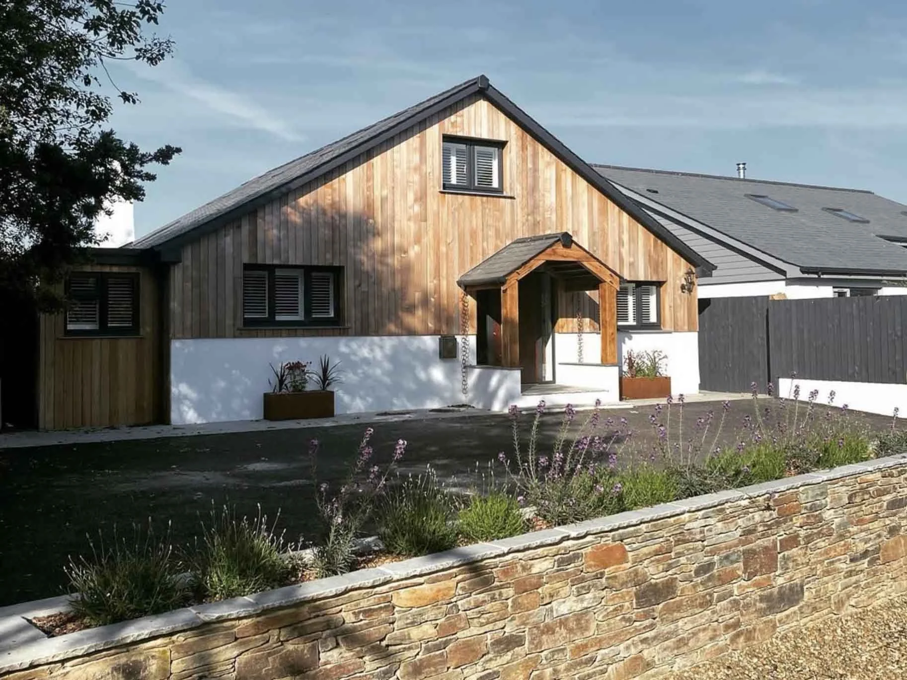 Complete bungalow renovation into modern timber clad home with new driveway, extension and planted wallin Cornwall l