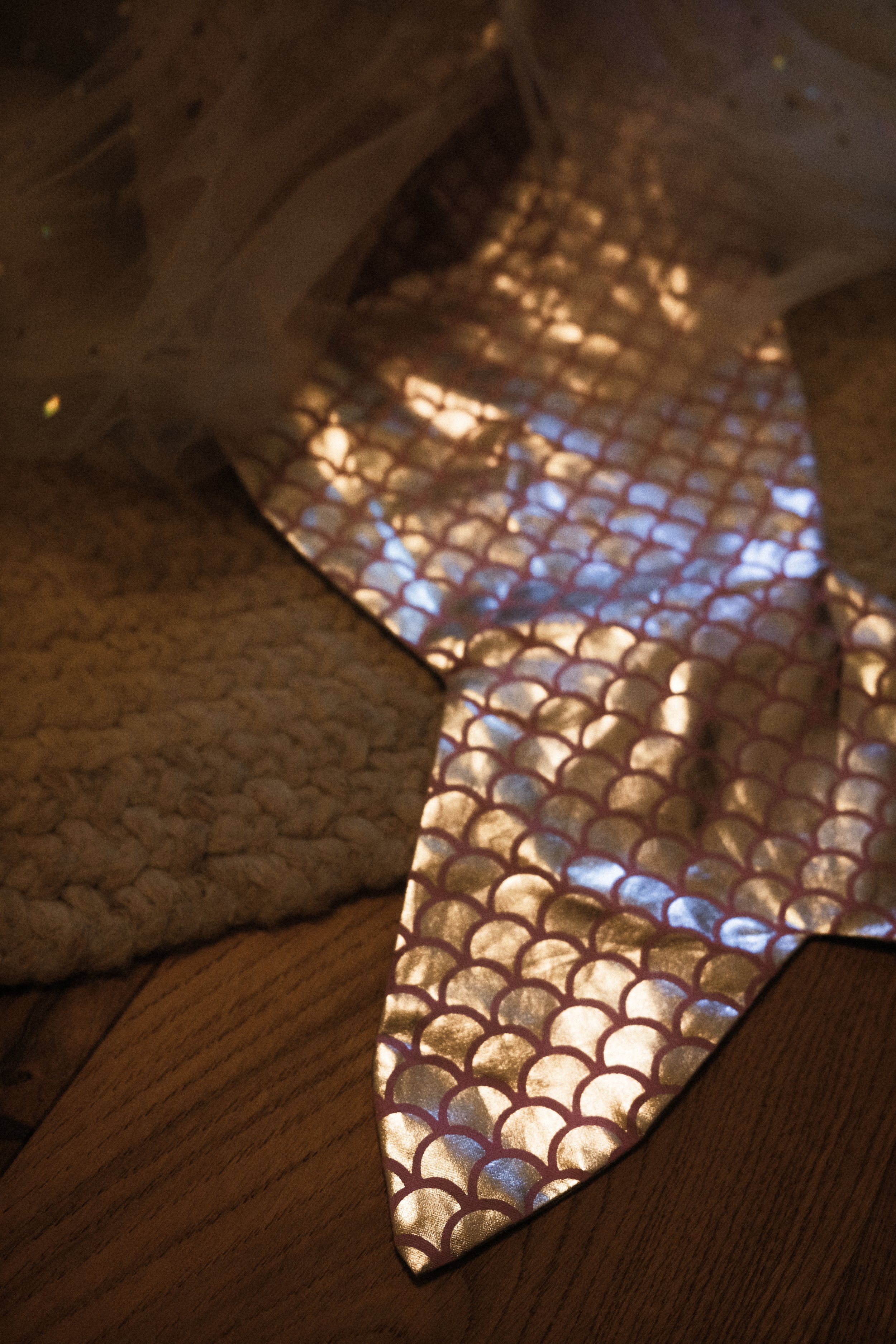 Leuchtendes, goldenes Meerjungfrauen Kostüm – Momentaufnahme Kinderzimmer. Familienfotografie 