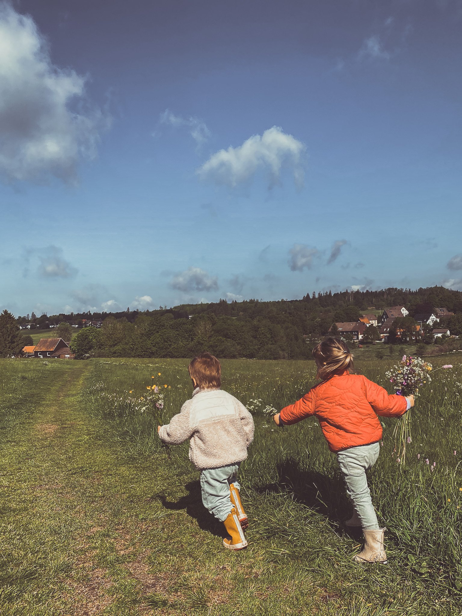 Zwei Kinder laufen über eine sommerliche Wiese mit Blumen – natürliche Familienfotografie voller Freiheit und Lebensfreude.
