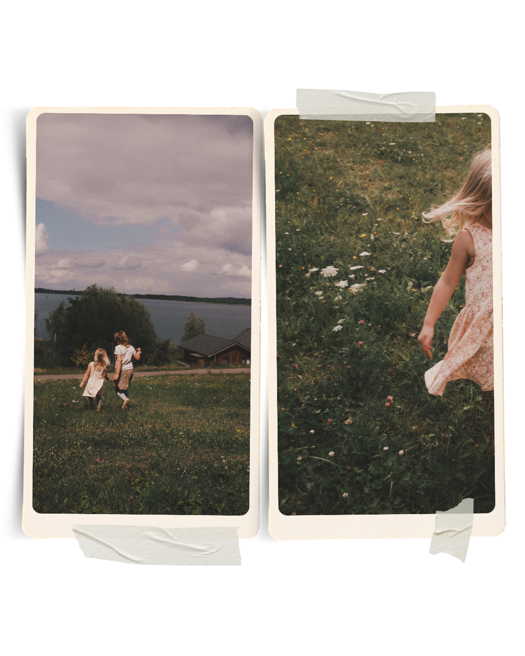 Zwei Polaroid-ähnliche Fotografien von Kindern in der Natur – ein nostalgisches Familienporträt über Sommer, Freiheit und Kindheit.