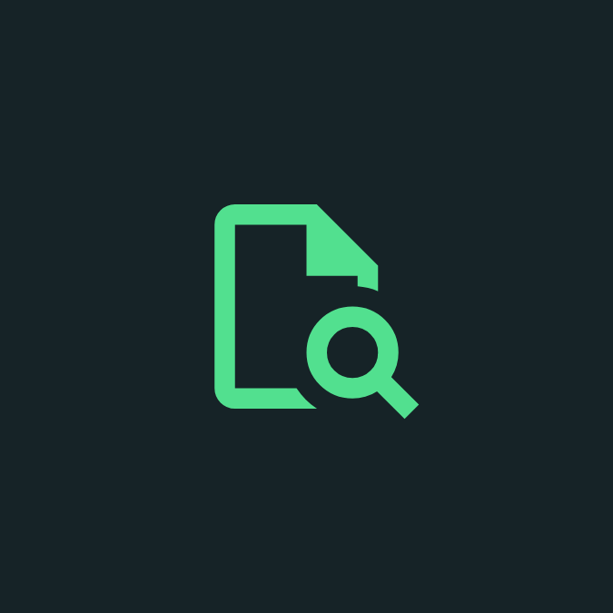 Icon of a document with a magnifying glass in front of it, on a dark background