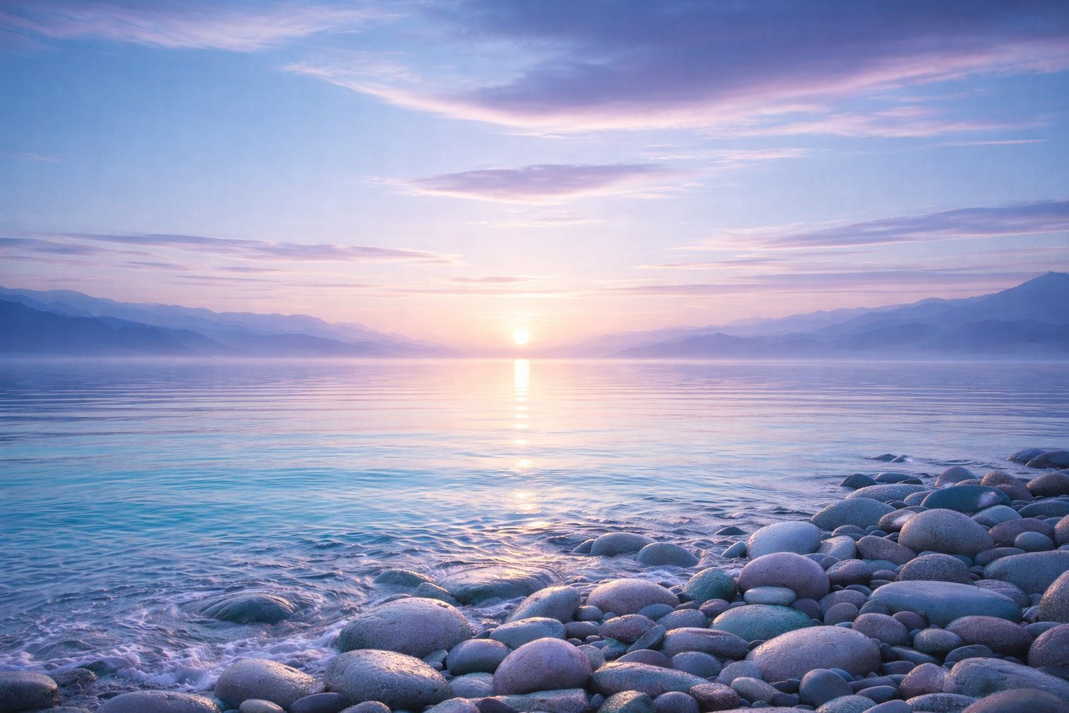 Sunset over calm water with mountains in the distance and a pebble beach in the foreground.