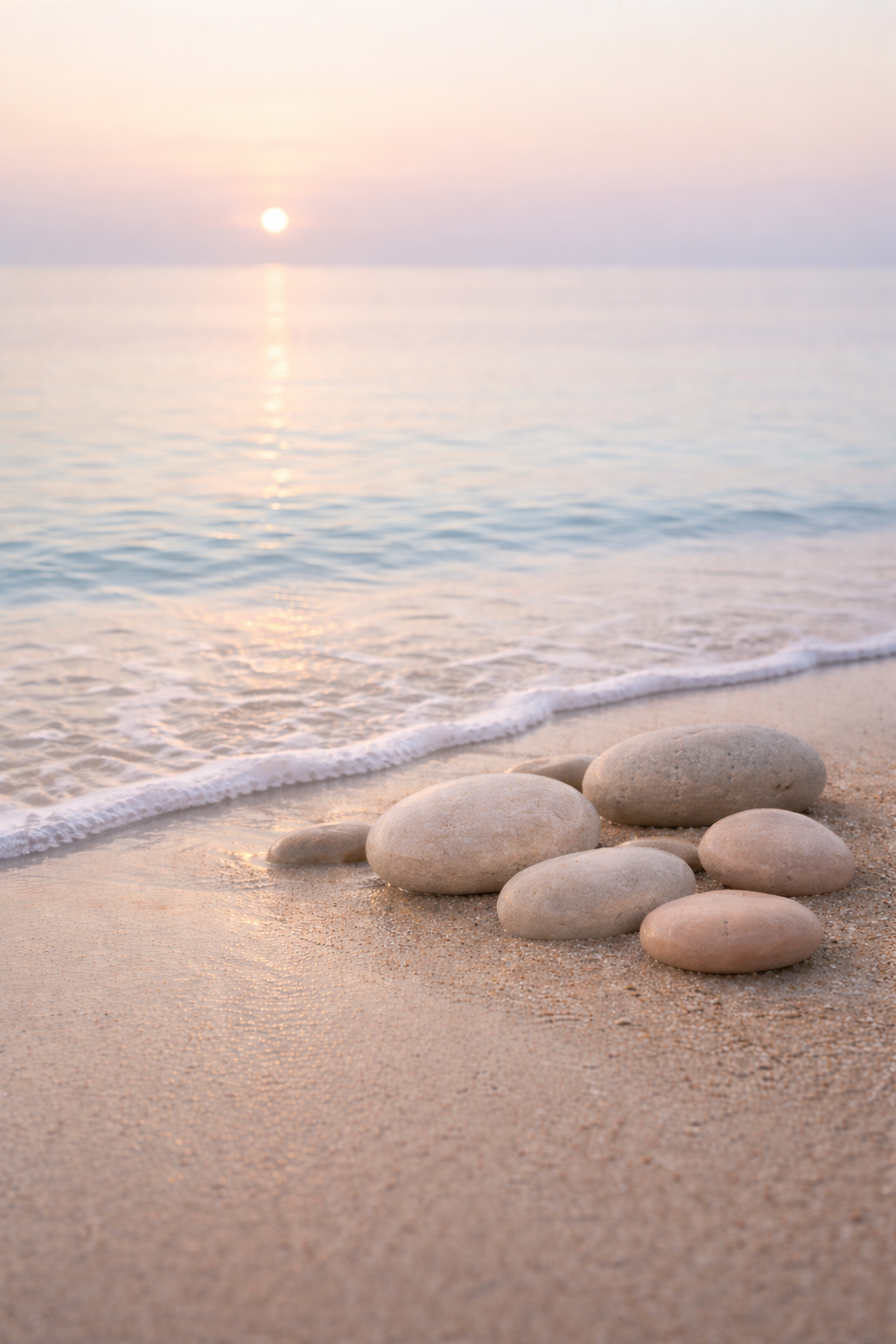 A serene beach scene with smooth gray stones on the sandy shore, gentle waves, and a setting sun in the pastel-colored sky.