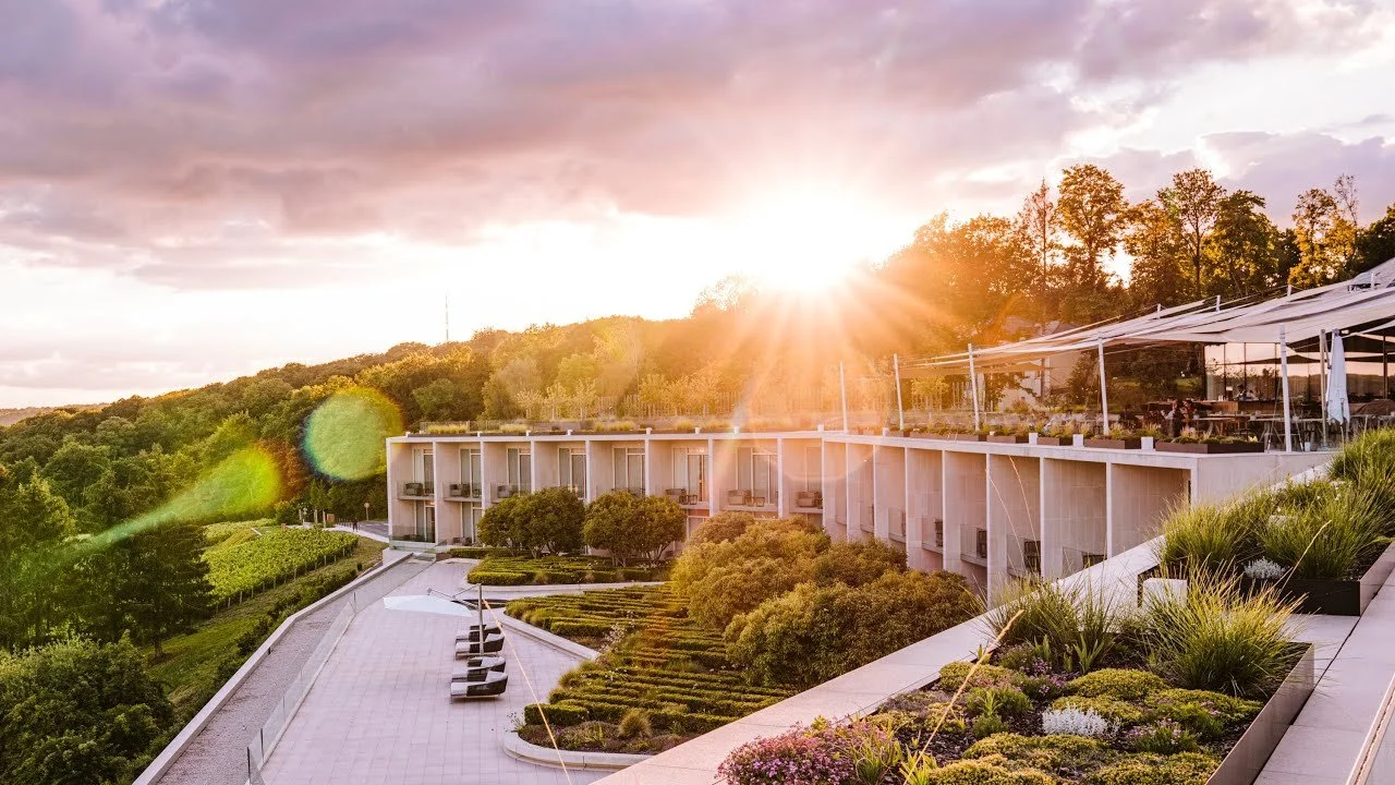 Modern building with greenery and outdoor seating area, sun setting over a forested landscape