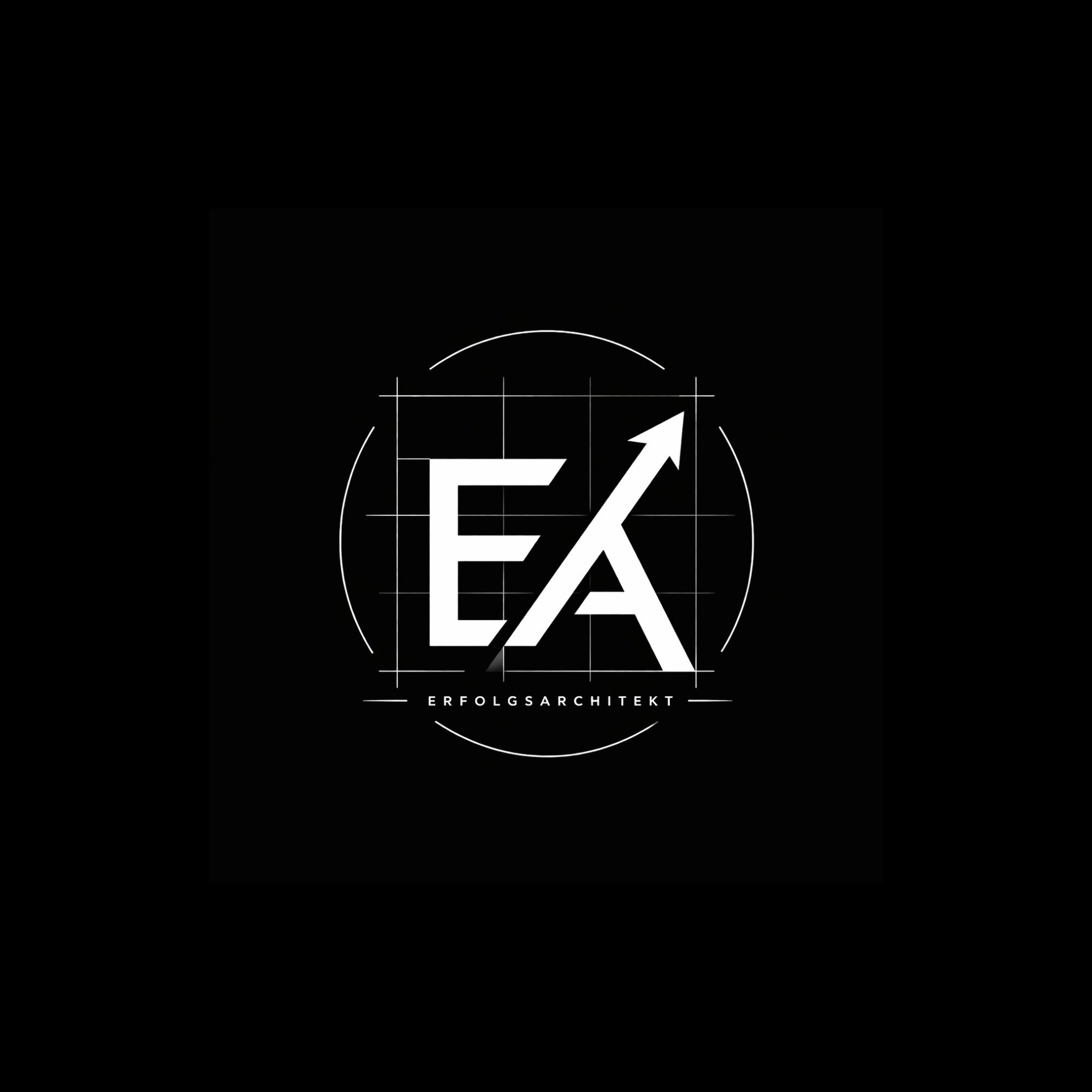 Dunkler Hintergrund mit einem weißen Logo, bestehend aus den Buchstaben 'E' und 'A', einem Pfeil nach oben, ein Gitternetzmuster und dem Text 'Erfolgsarchitekt_de' darunter.
