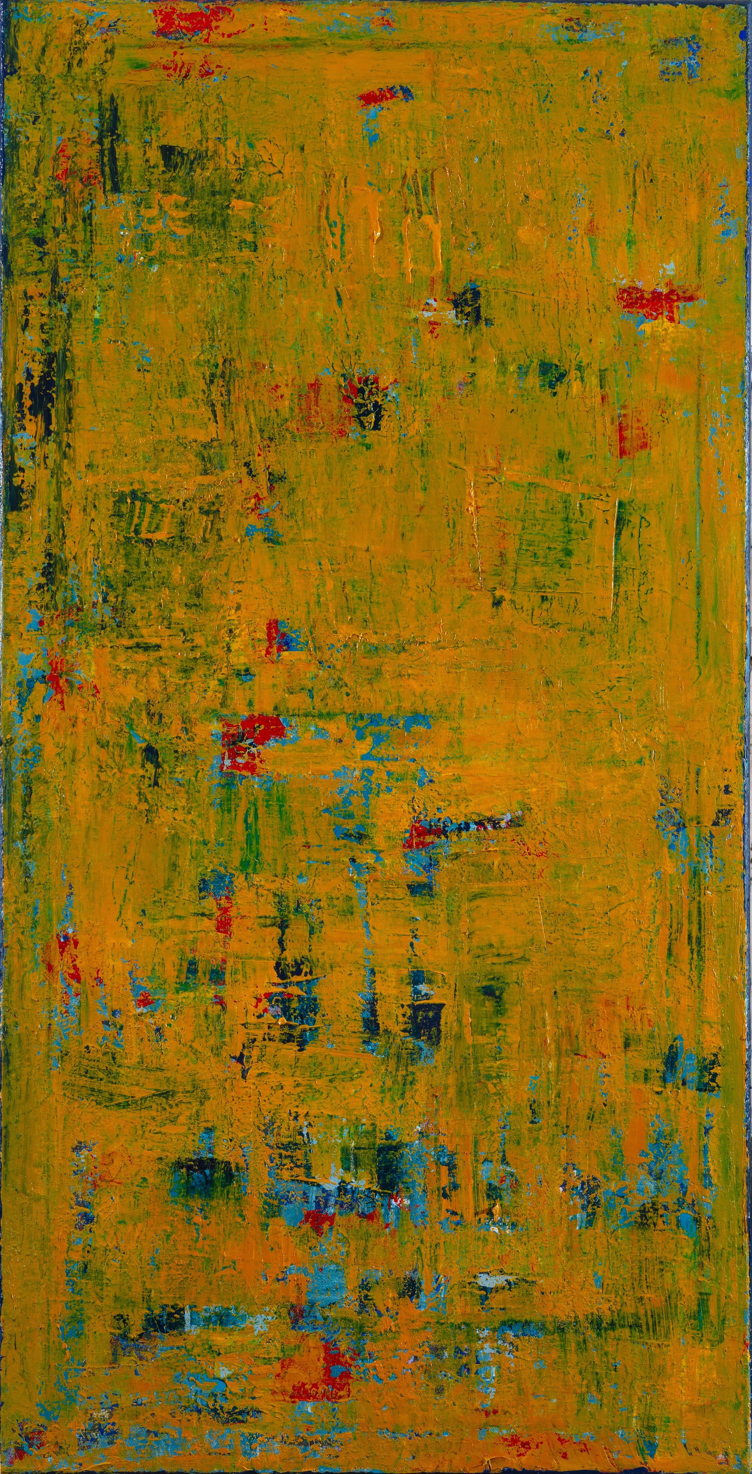 An abstract painting with a yellow background and scattered patches of red, blue, black, and green paint.
