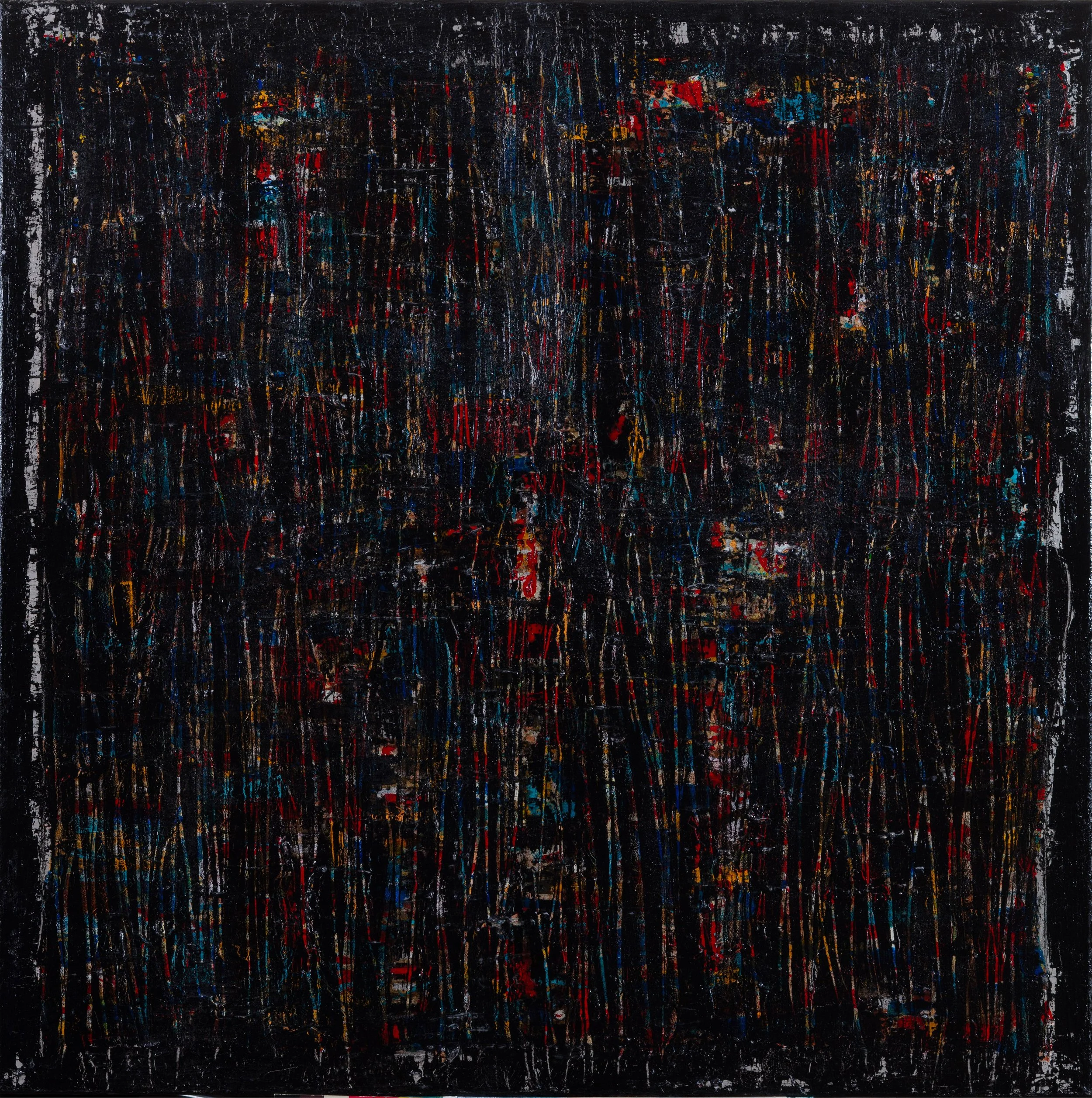 Abstract painting with a black background and multicolored streaks of red, blue, yellow, white, and brown, creating a chaotic and textured appearance.