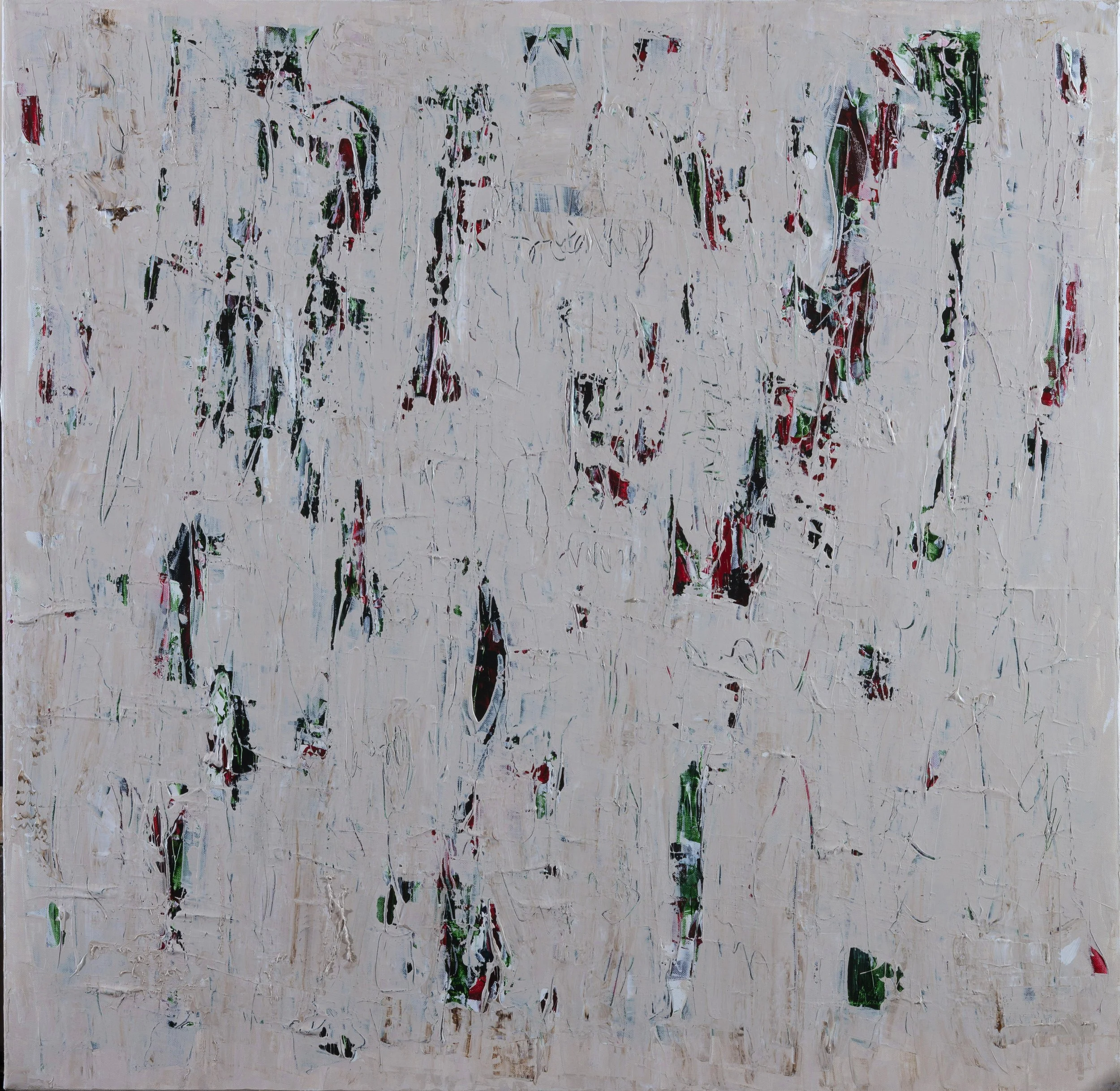 Abstract textured painting with layered paint strokes in cream, black, red, green, and blue colors.