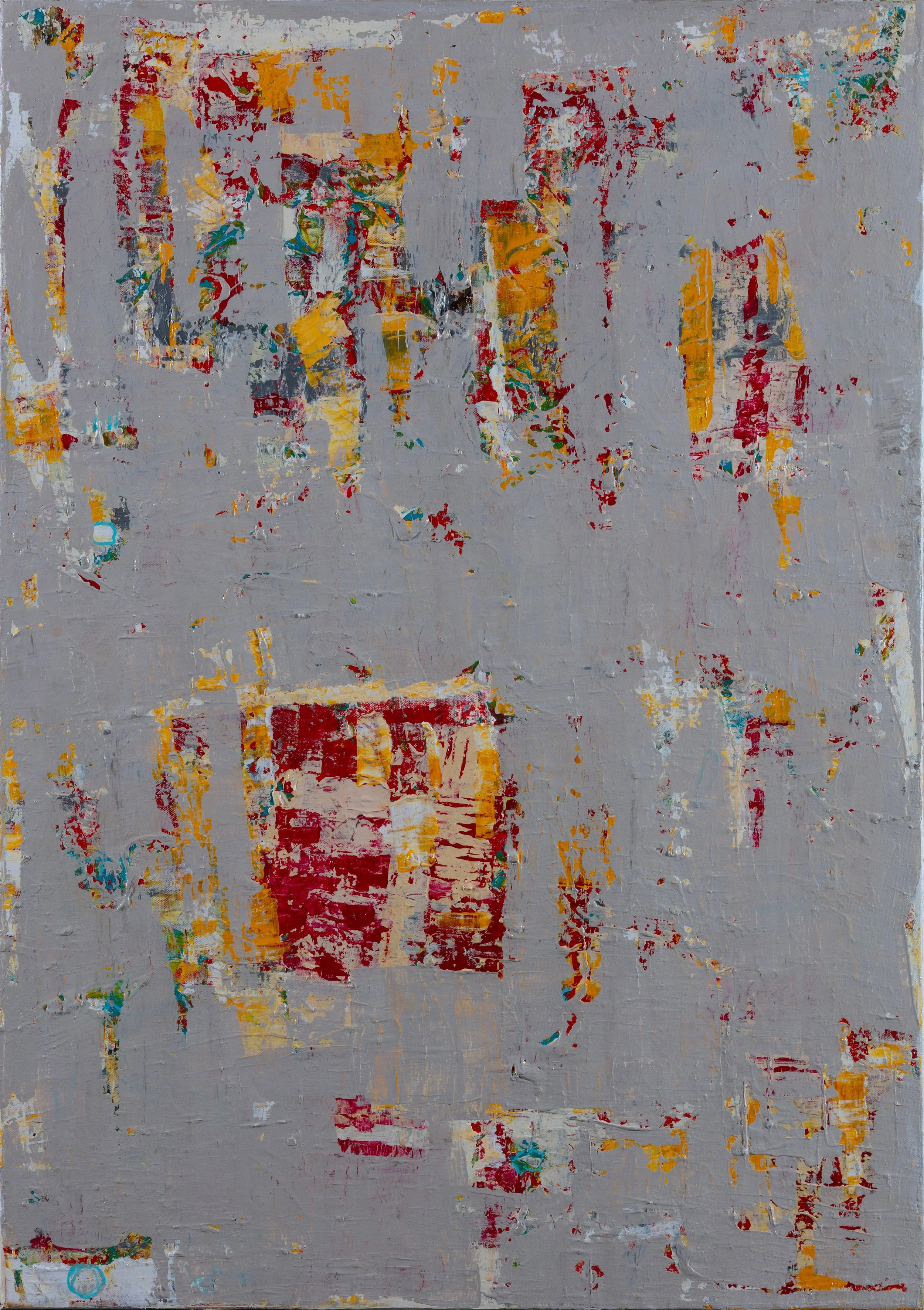 Abstract painting with a gray background and scattered patches of red, yellow, blue, and white paint.