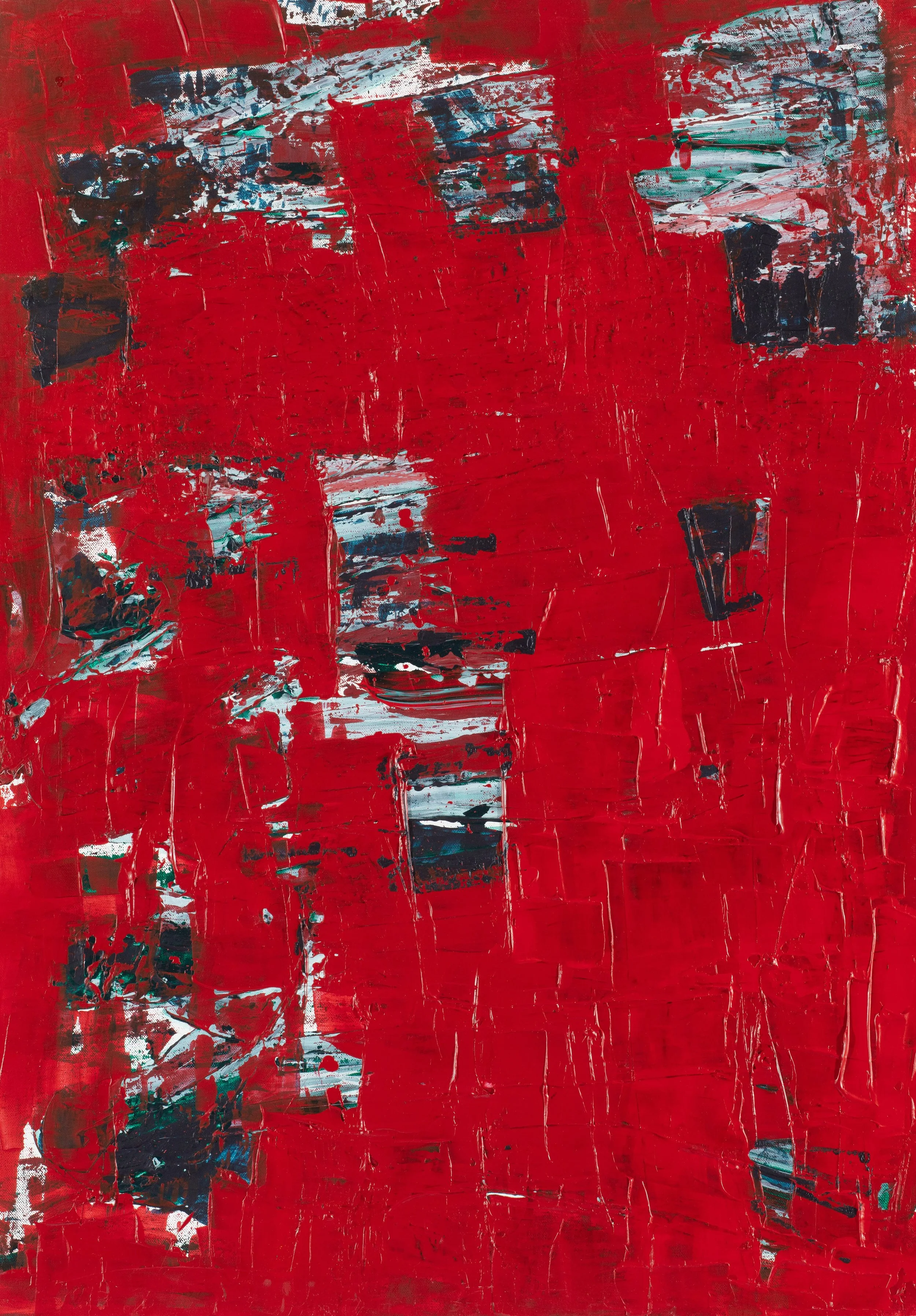 Abstract painting with bold red brushstrokes and splashes of black, white, and teal paint.