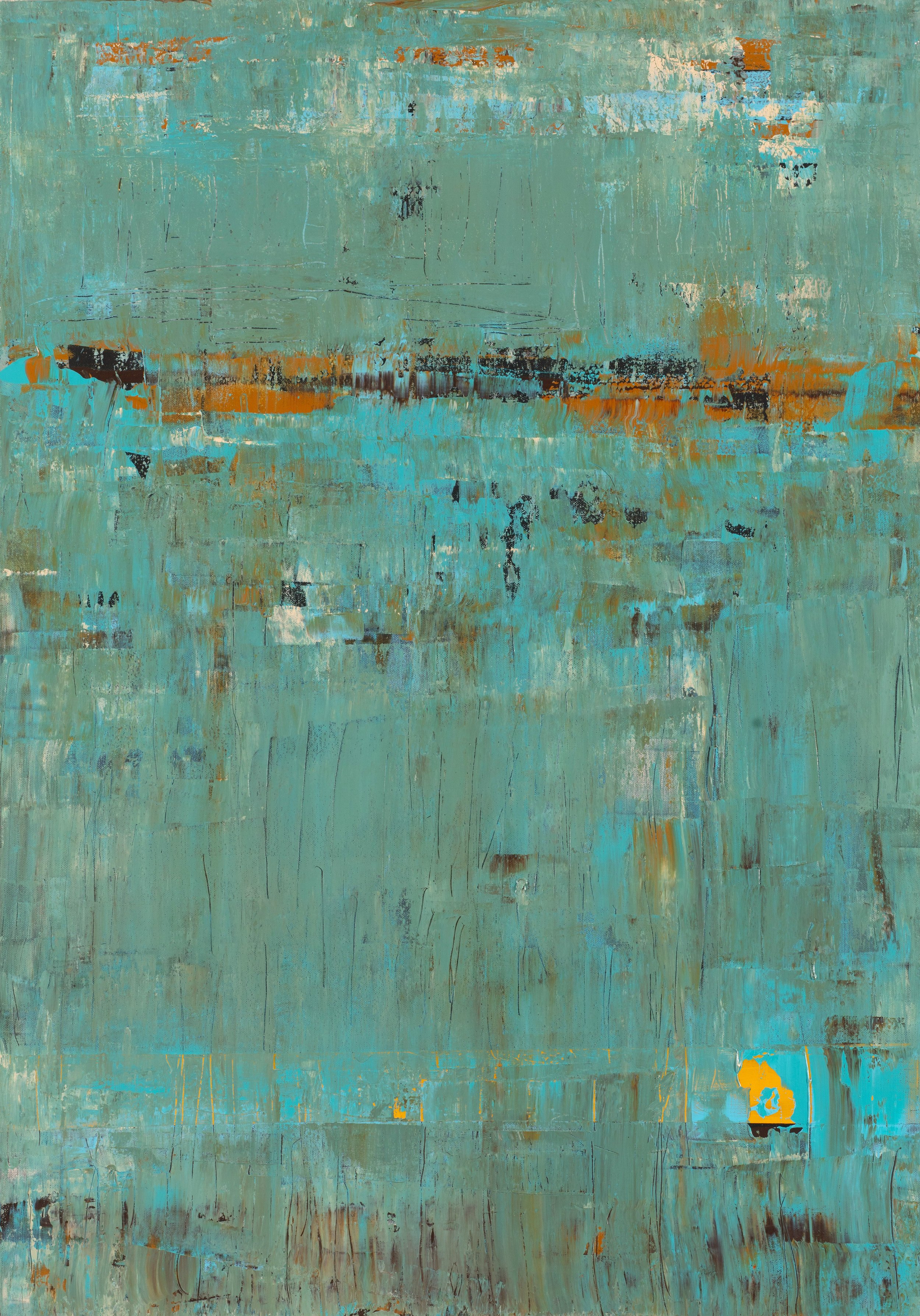 Abstract painting with shades of turquoise, orange, black, and brown, featuring textured horizontal strokes and patches of color.