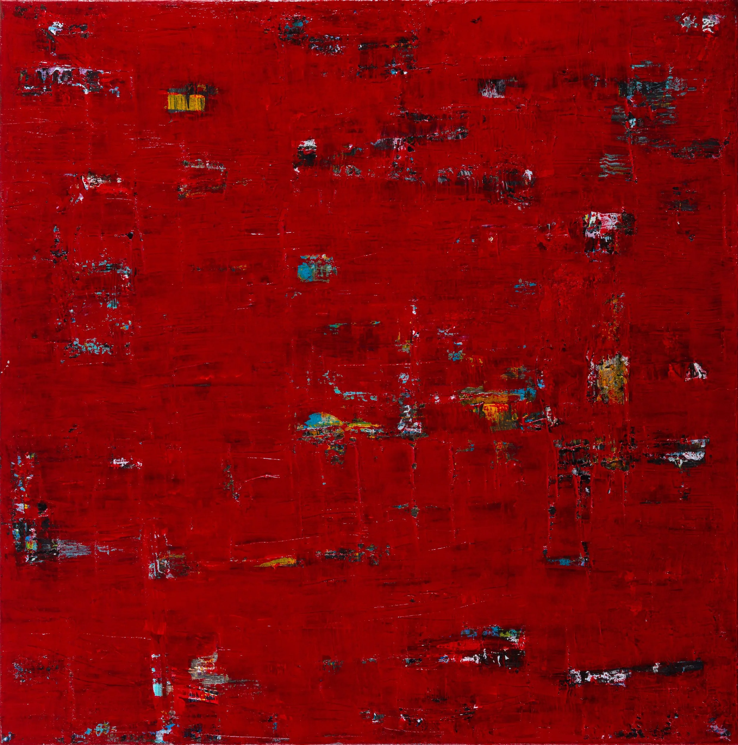 Abstract painting with a predominantly red background and scattered patches of blue, yellow, white, and black.