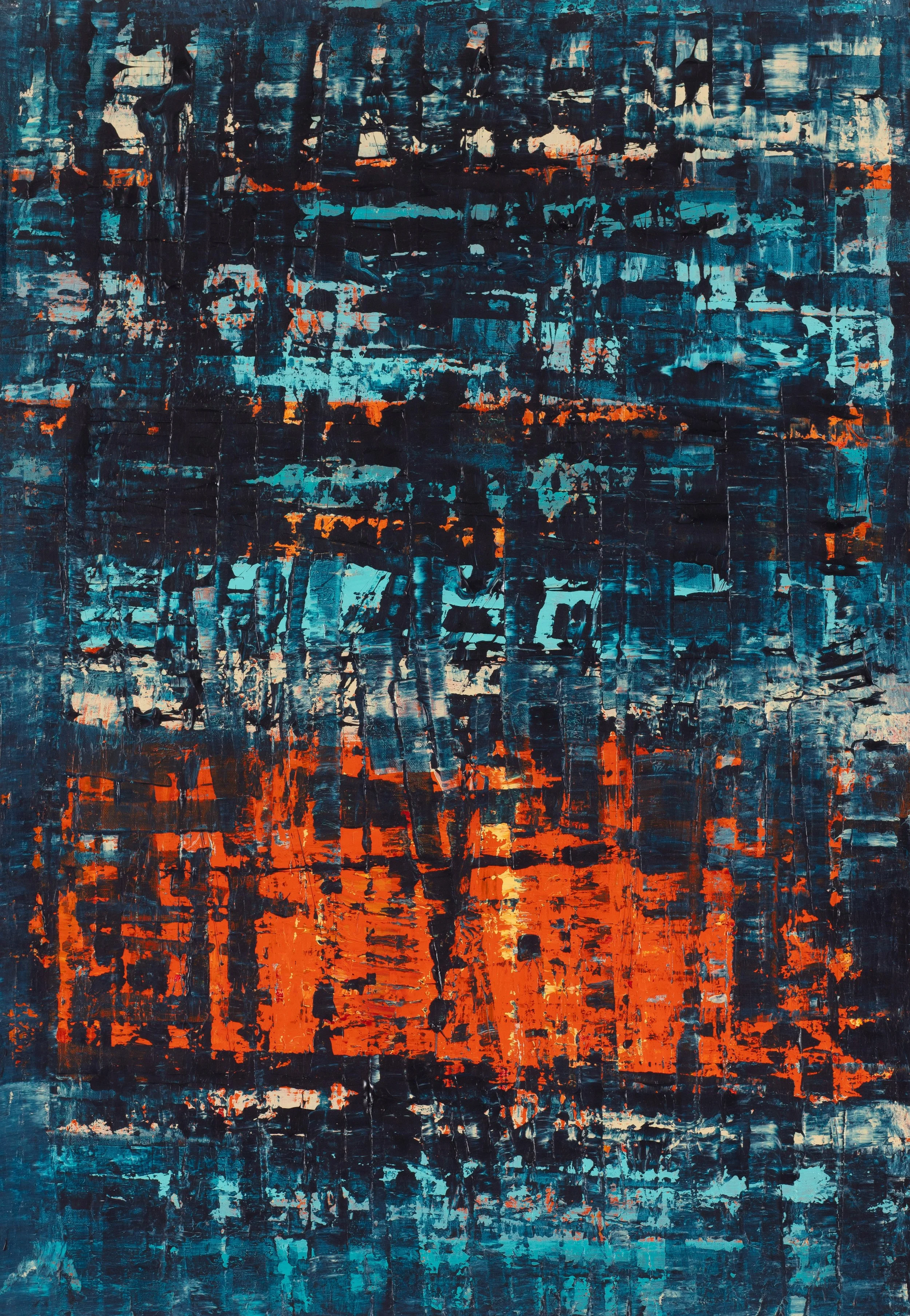 Abstract painting with dark blue, light blue, orange, and black brushstrokes creating a textured, layered appearance.