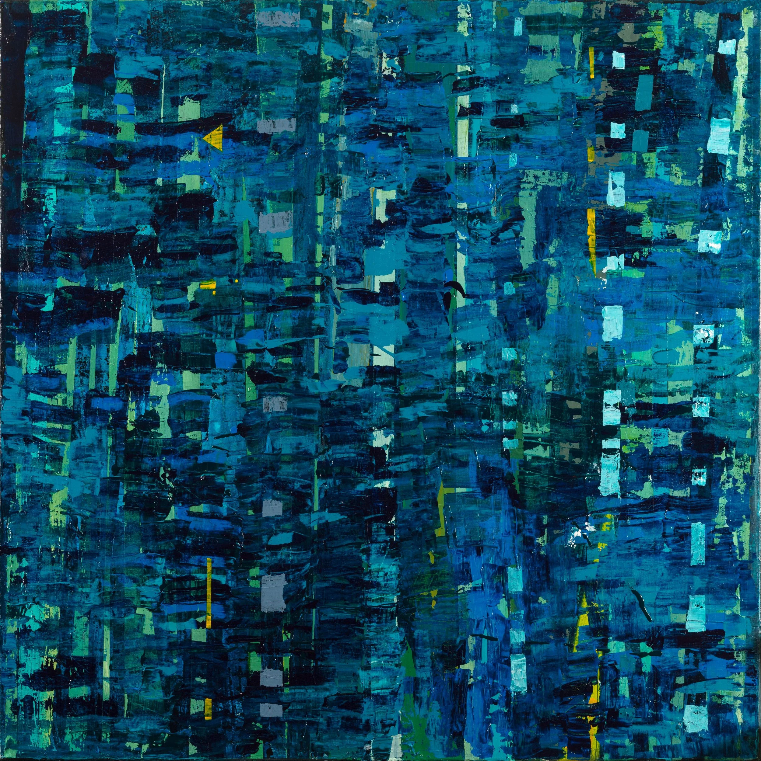 Abstract painting with various shades of blue, green, and small touches of yellow and white, composed of rectangular and brushstroke patterns.