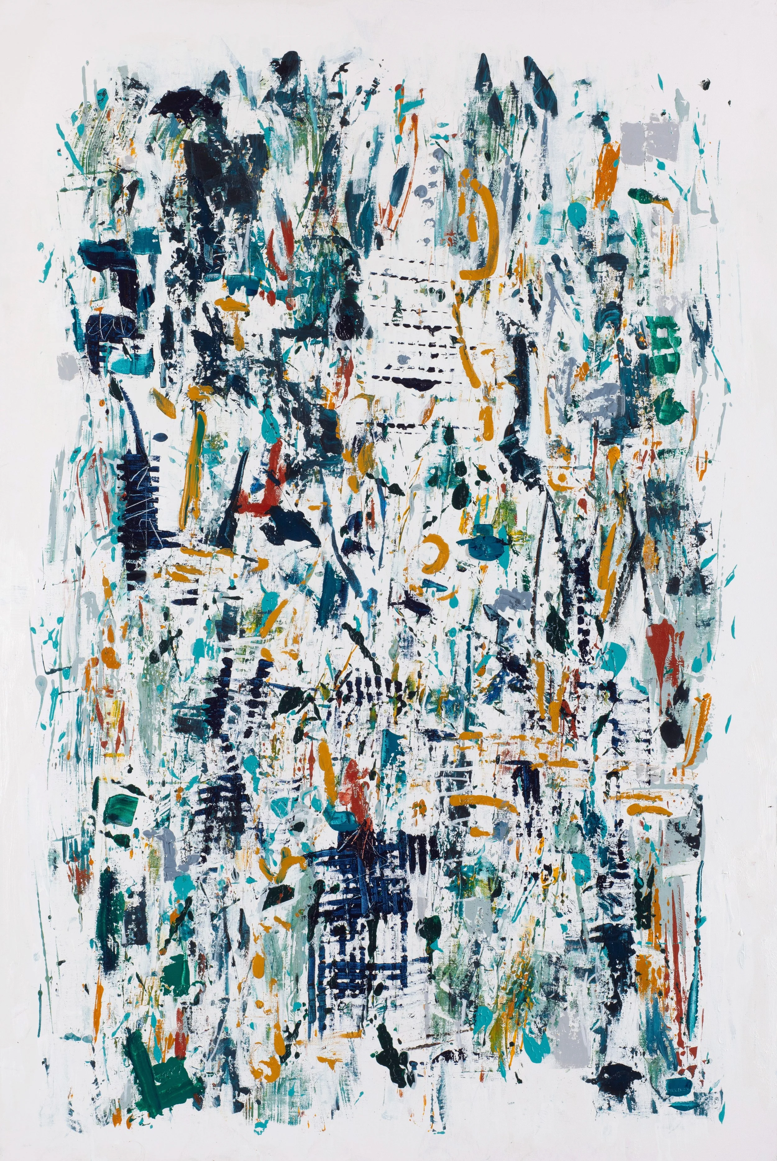 Abstract expressionist painting with splashes of blue, black, orange, green, and gray on a white background.