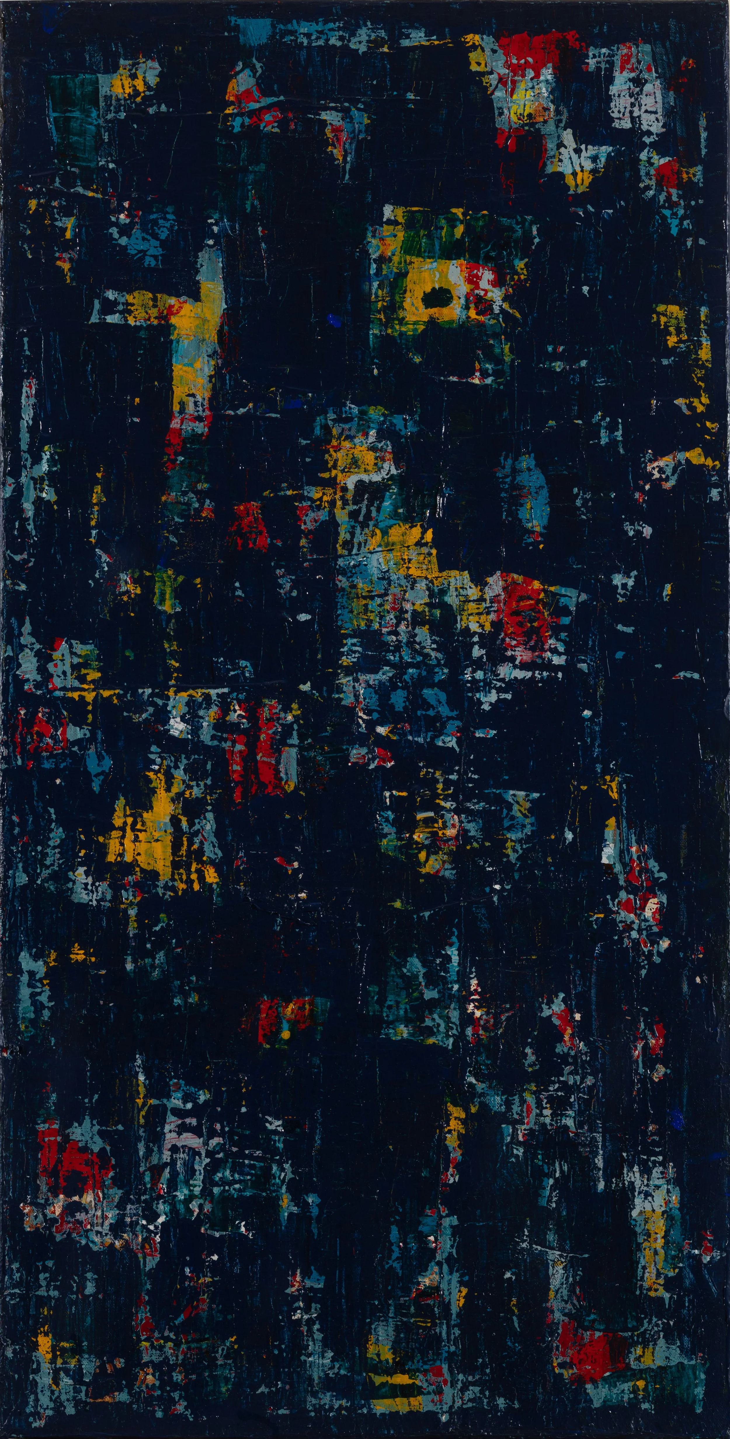 An abstract painting with a dark, predominantly deep blue background, featuring scattered patches of bright red, yellow, green, and light blue colors.