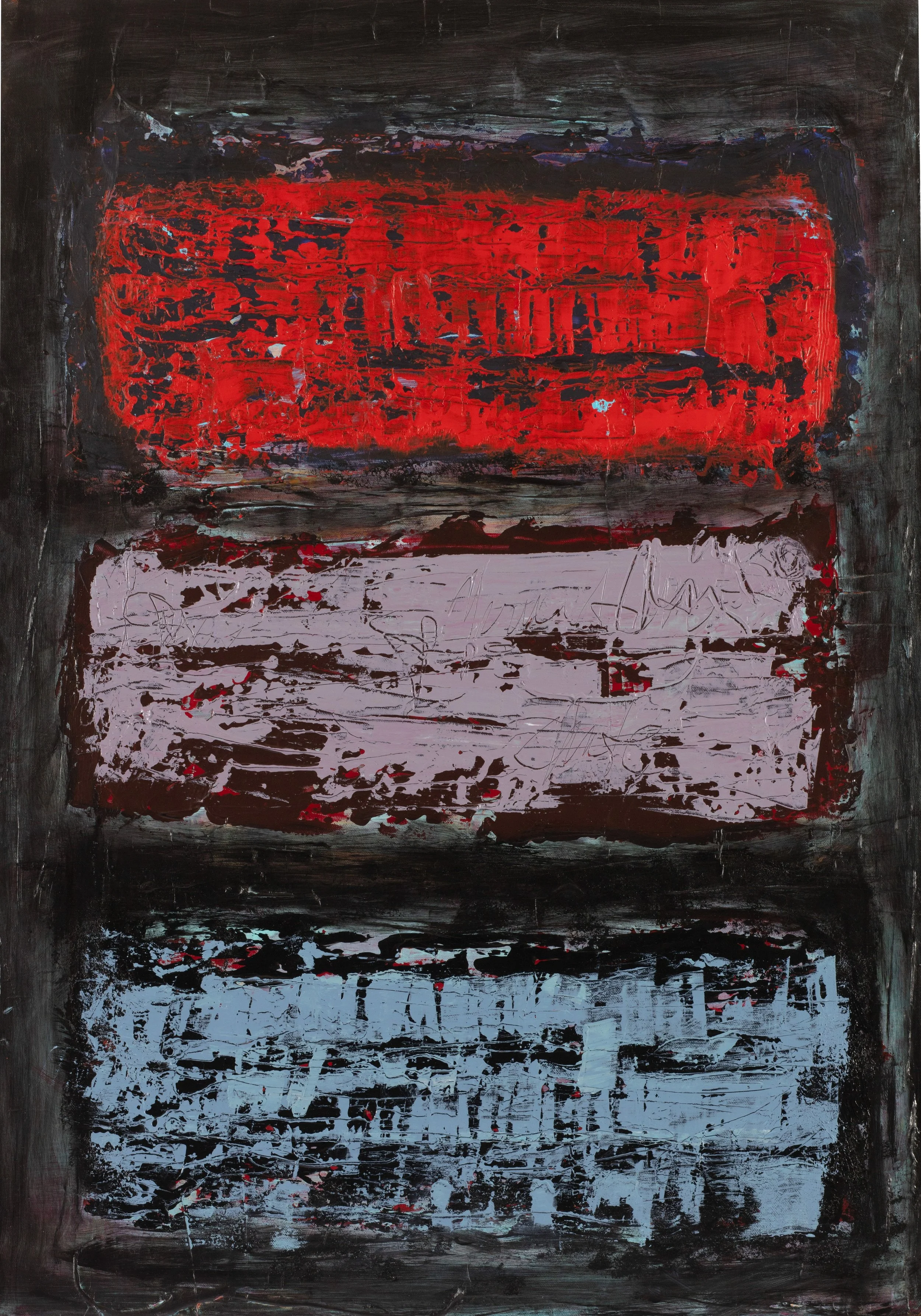 Abstract painting with three horizontal rectangular sections in red, pink, and blue, separated by dark and textured black backgrounds.